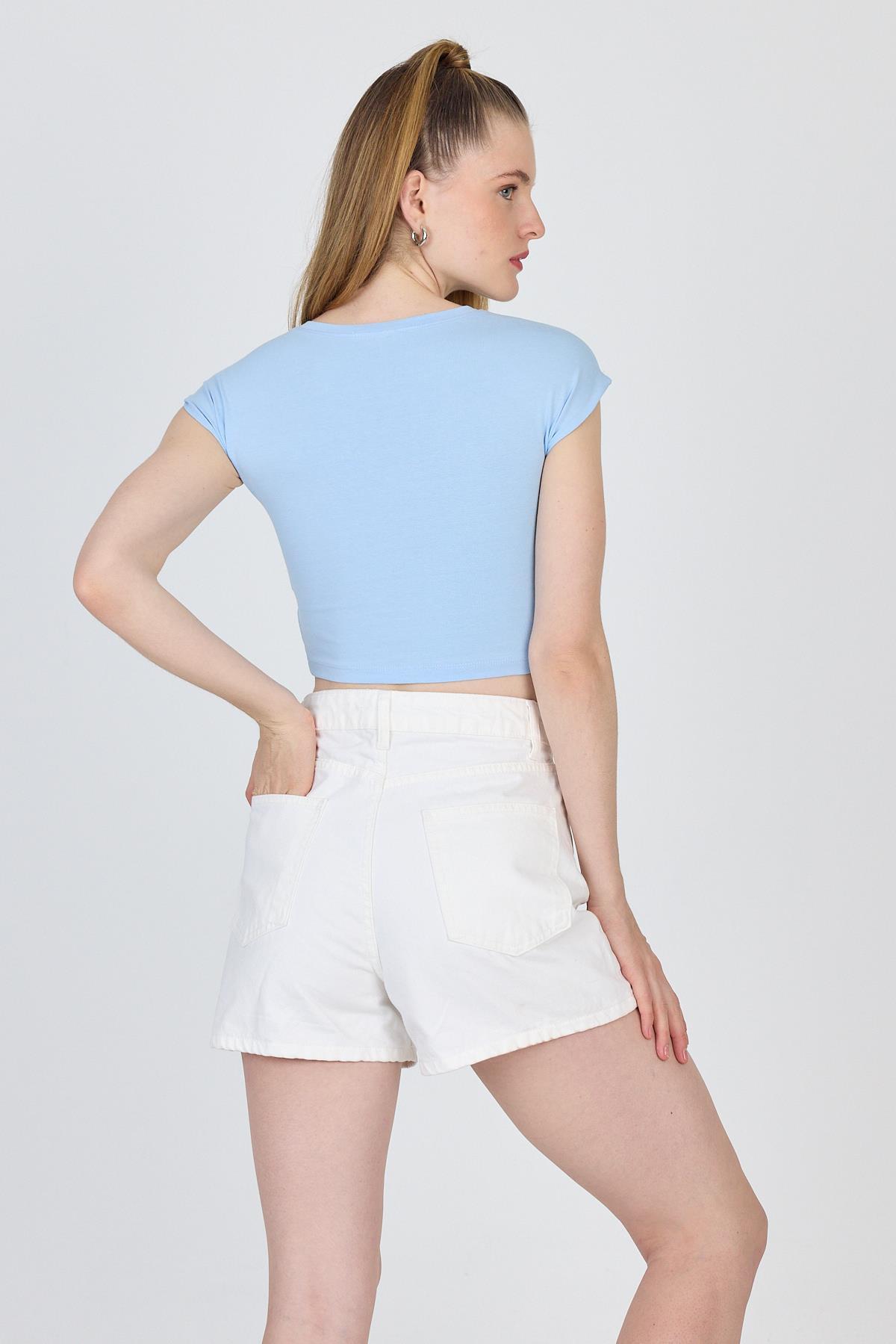 Mavi Bisiklet Yaka Pamuklu Slim Fit Crop Tişört 9199M - 5