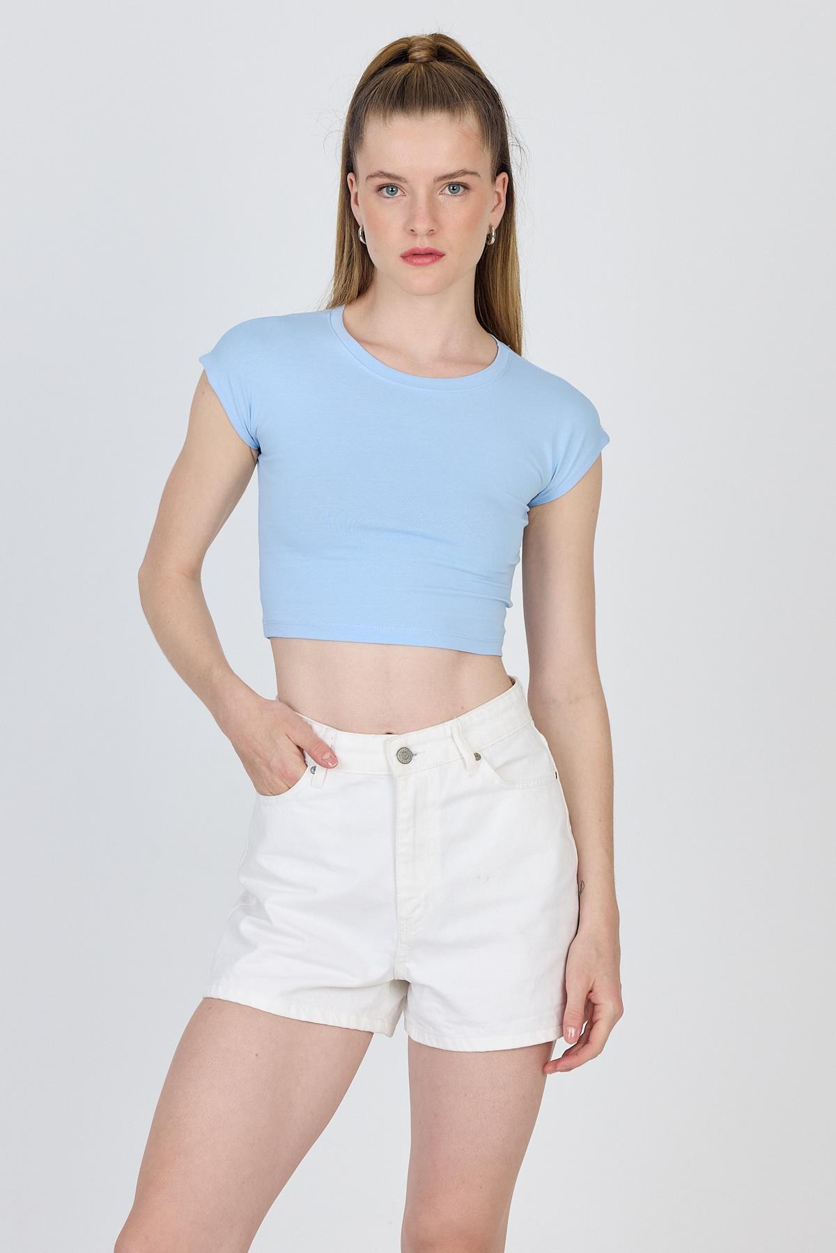 Mavi Bisiklet Yaka Pamuklu Slim Fit Crop Tişört 9199M - 1