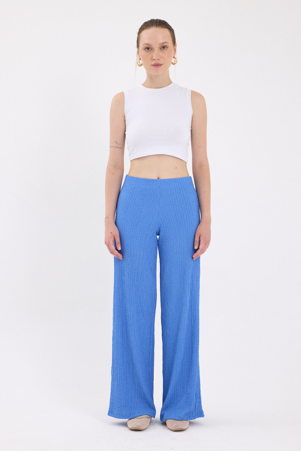 Mavi Bol Paça Bel Lastikli Bürümcük Kumaş Pantolon 2466 - 2