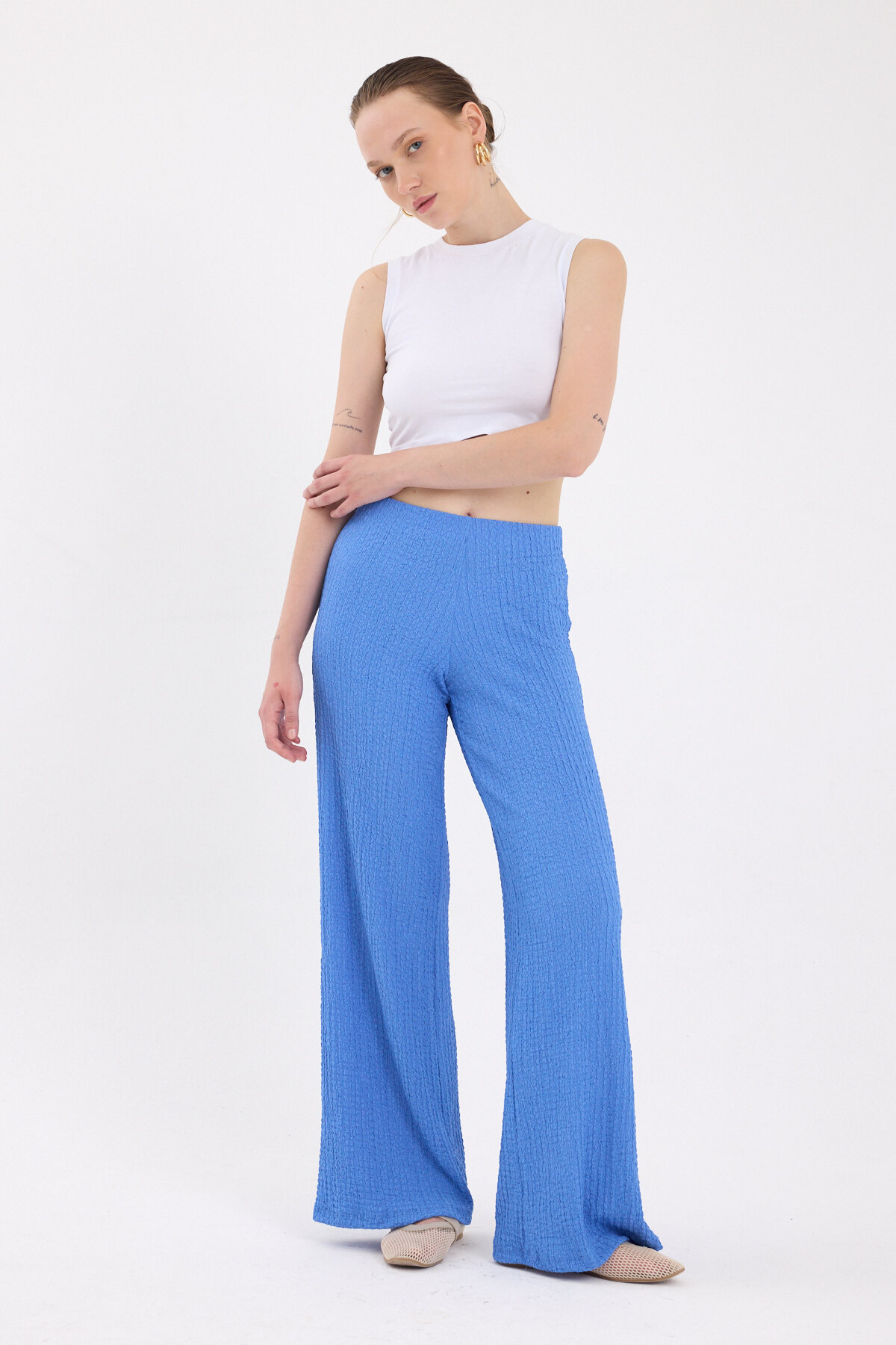 Mavi Bol Paça Bel Lastikli Bürümcük Kumaş Pantolon 2466 - 7