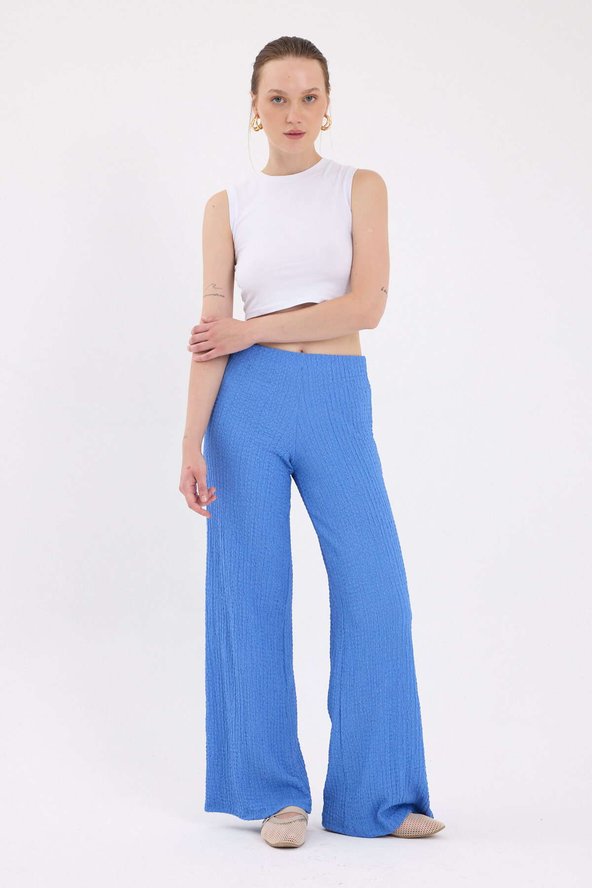 Mavi Bol Paça Bel Lastikli Bürümcük Kumaş Pantolon 2466 