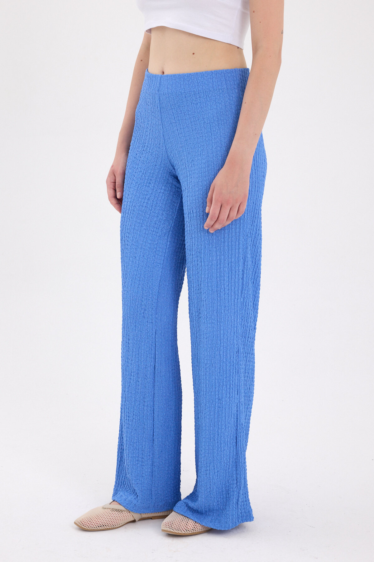 Mavi Bol Paça Bel Lastikli Bürümcük Kumaş Pantolon 2466 - 3