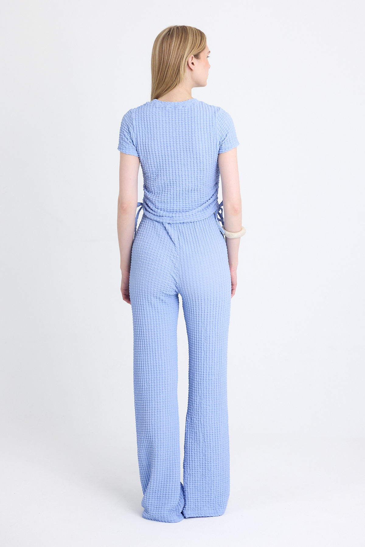 Mavi Bürümcük Dokulu Büzgülü Crop ve Geniş Paça Pantolon Takımı 3001 - 5