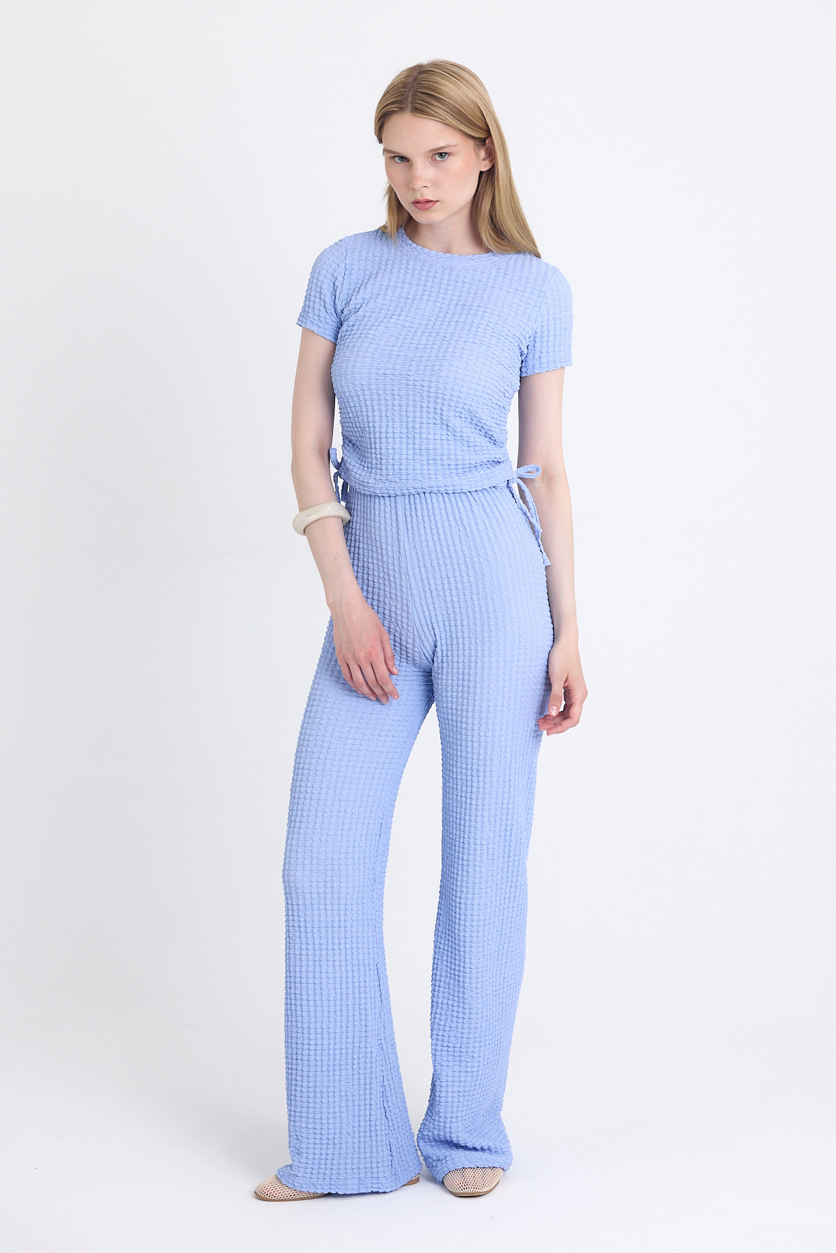 Mavi Bürümcük Dokulu Büzgülü Crop ve Geniş Paça Pantolon Takımı 3001 - 6