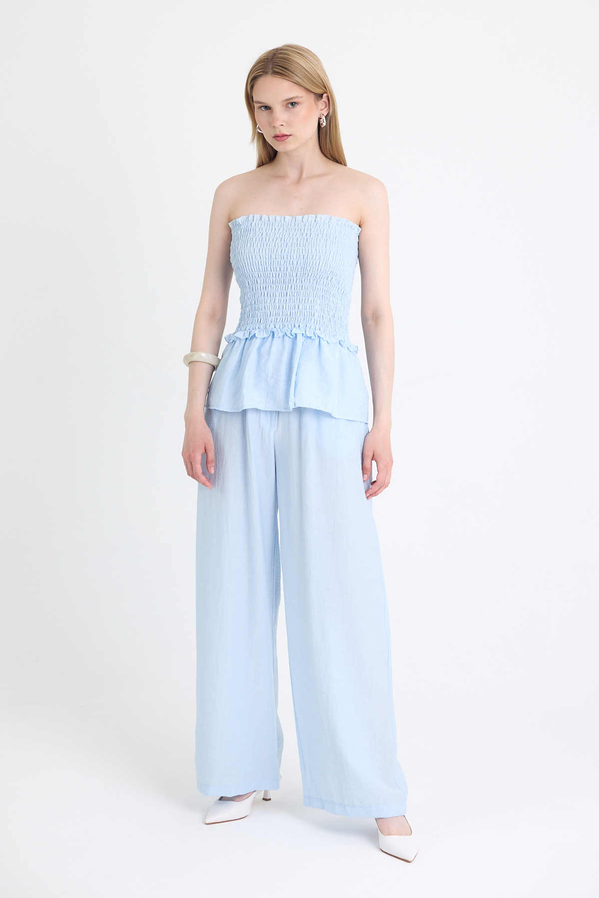 Mavi Büzgülü Straplez Bluz ve Bol Paça Pantolon Takım 5249 - 2