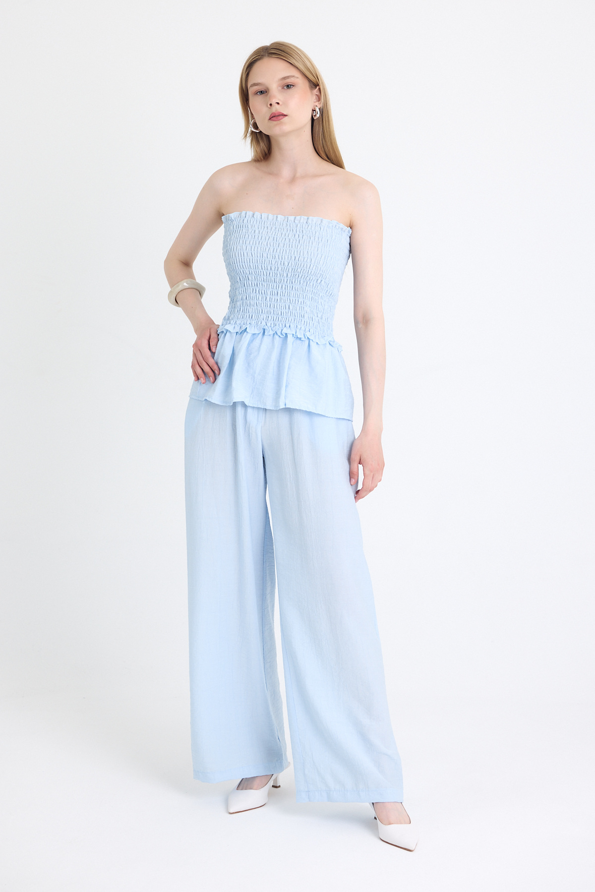 Mavi Büzgülü Straplez Bluz ve Bol Paça Pantolon Takım 5249 - 3