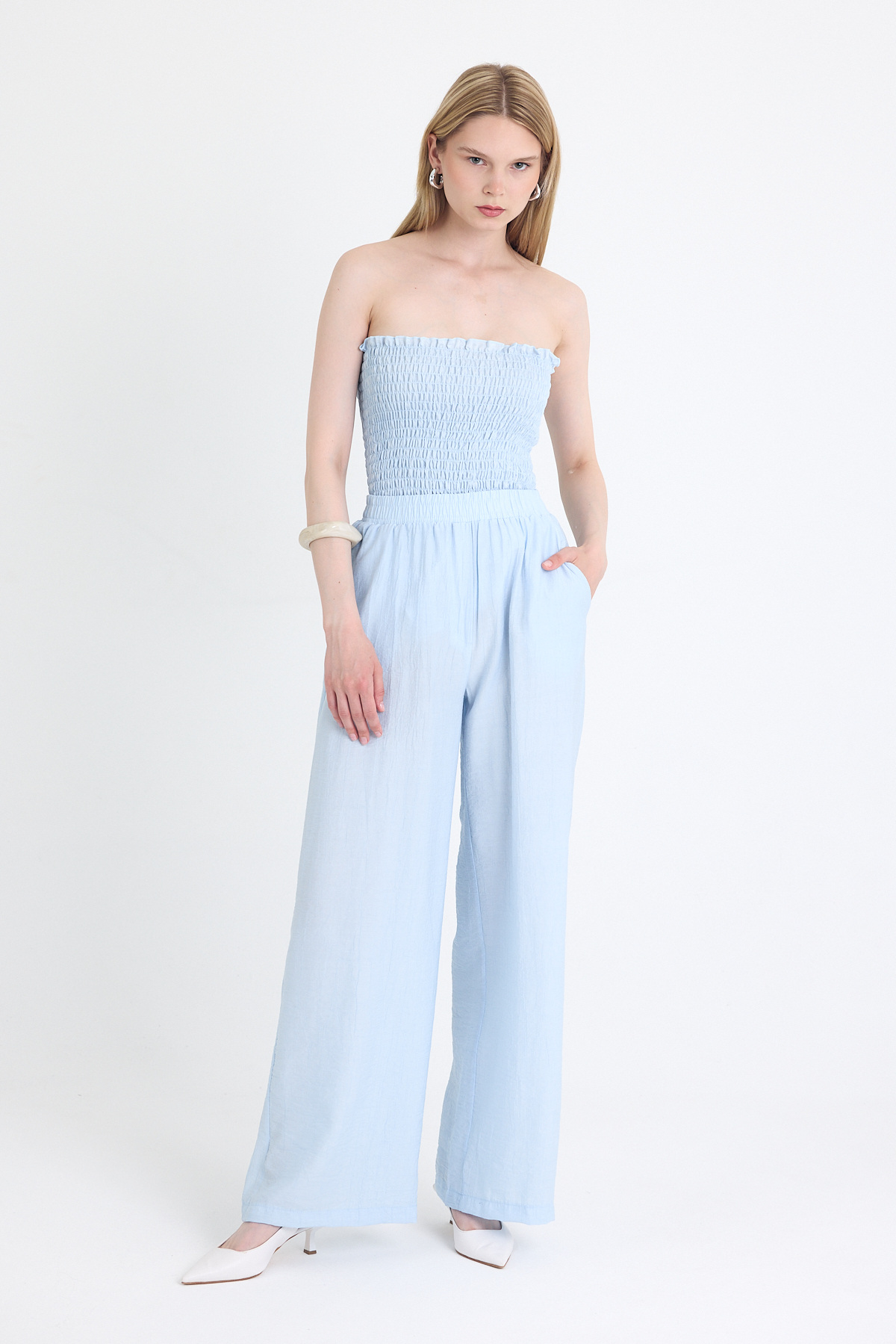 Mavi Büzgülü Straplez Bluz ve Bol Paça Pantolon Takım 5249 - 4