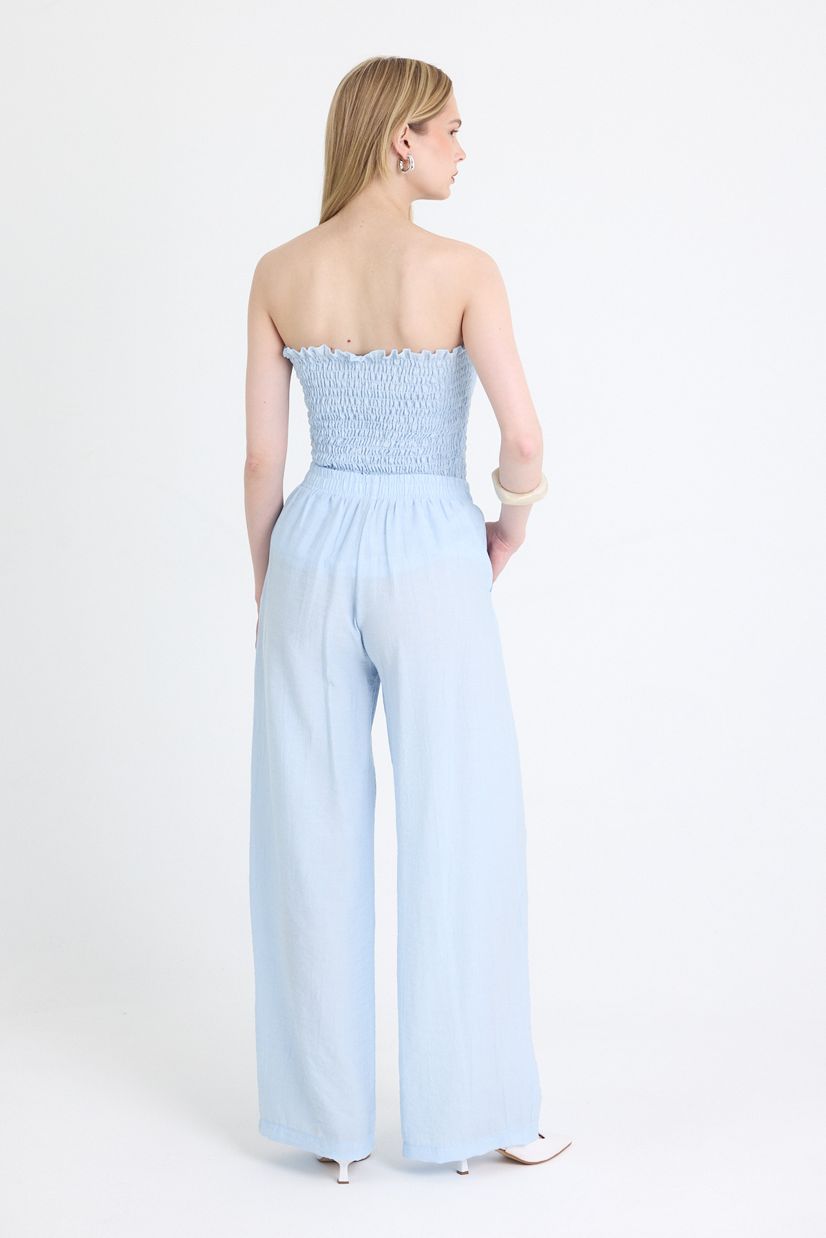 Mavi Büzgülü Straplez Bluz ve Bol Paça Pantolon Takım 5249 - 5