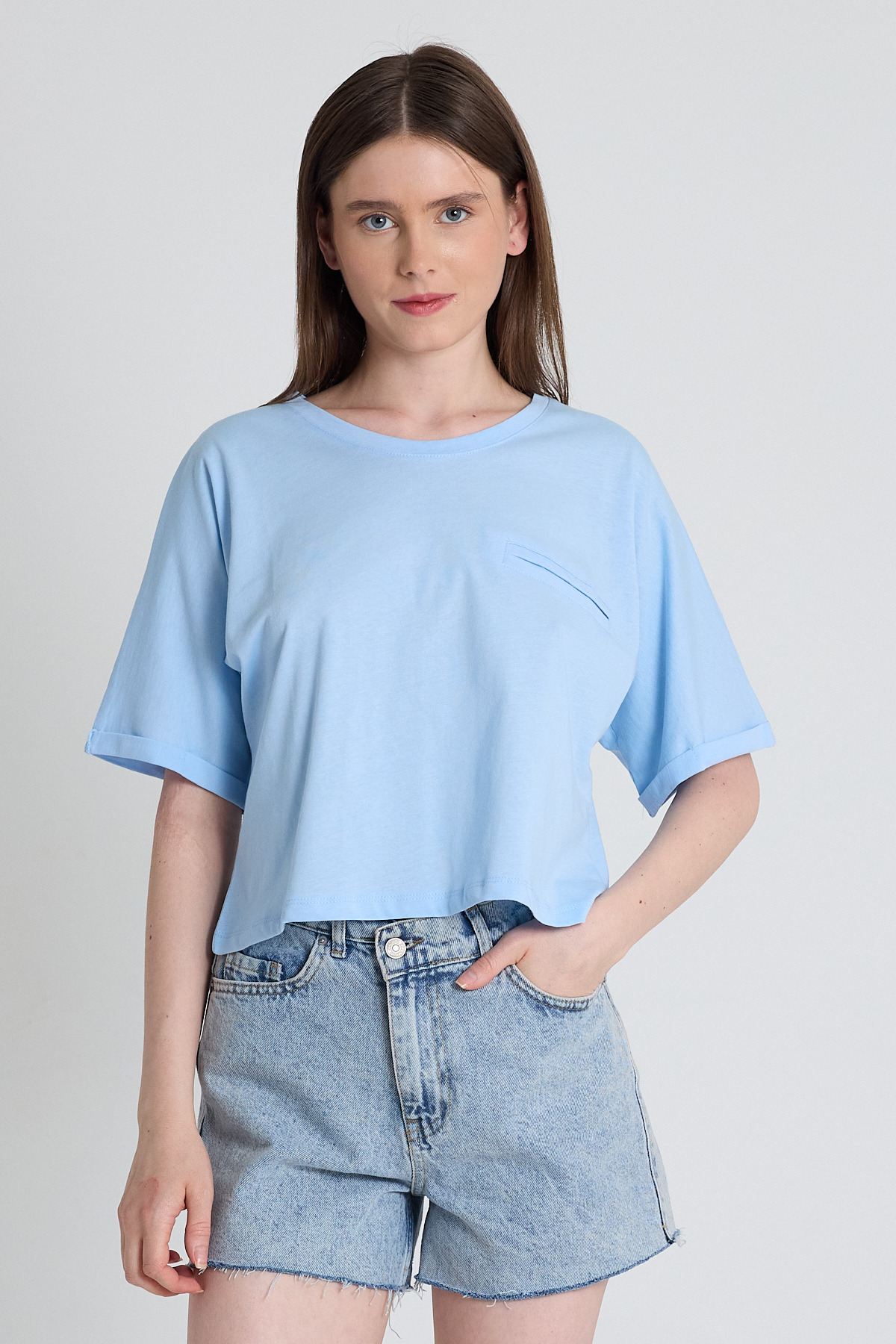 Mavi Cep Detaylı Bisiklet Yaka Crop Tişört 2136M - 3