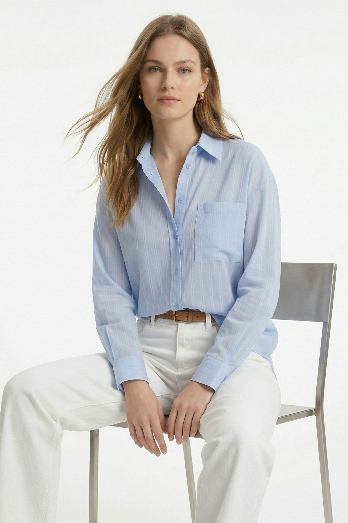 Mavi Cepli Çizgili Oversize Gömlek 5449 - RAYS