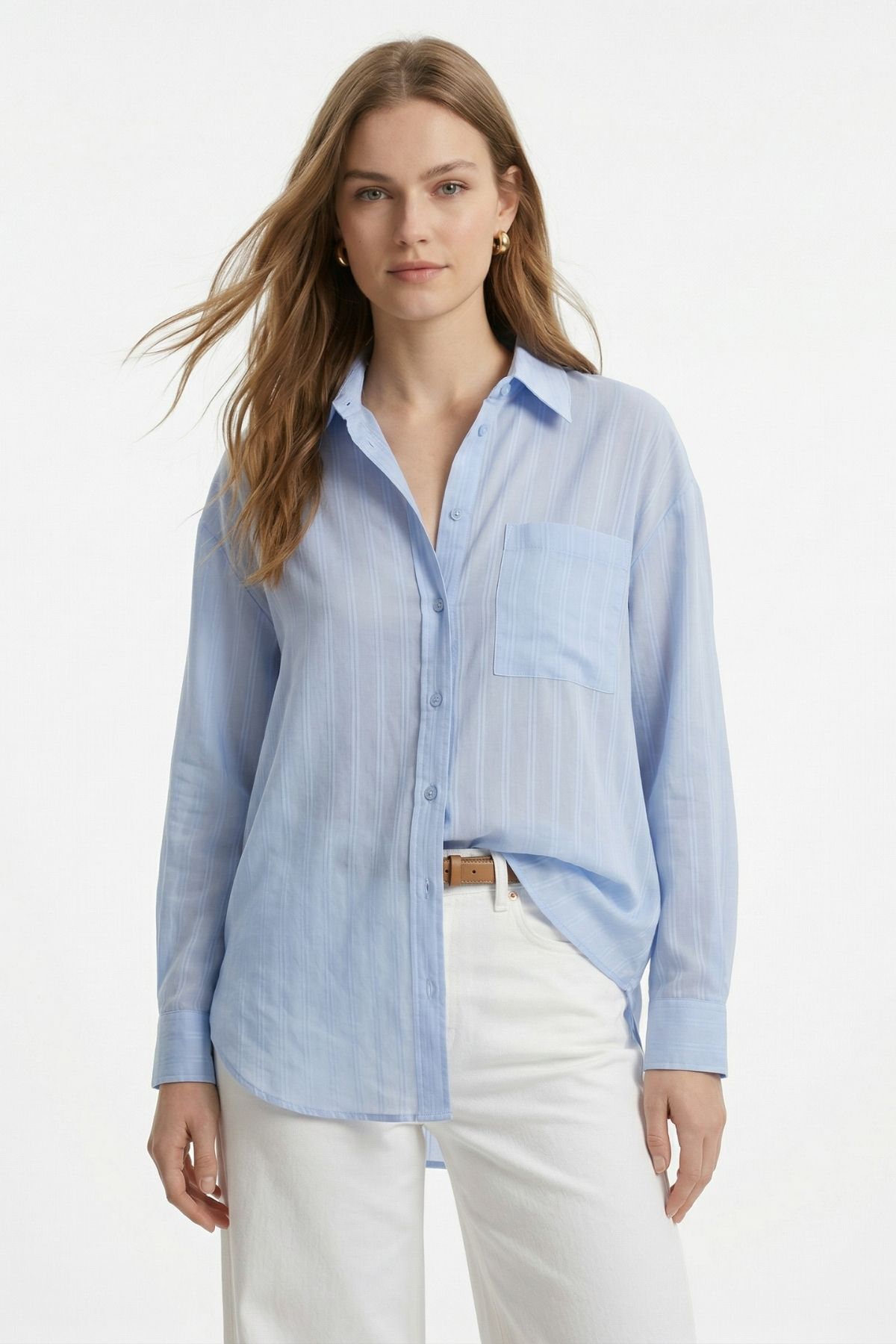 Mavi Cepli Çizgili Oversize Gömlek 5449 - 2