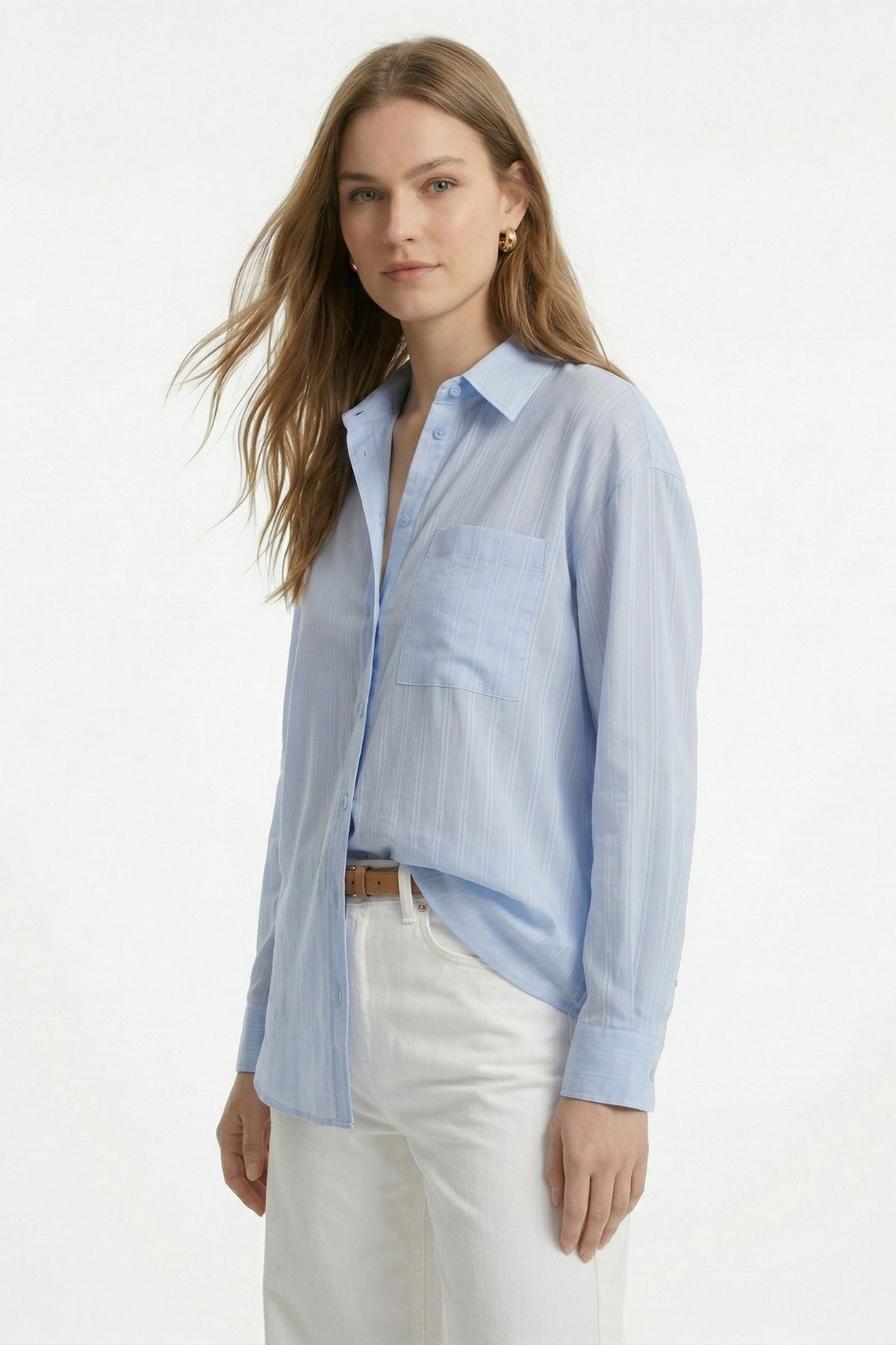 Mavi Cepli Çizgili Oversize Gömlek 5449 - RAYS