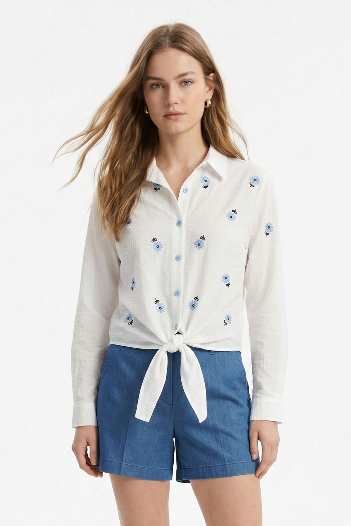 Mavi Çiçekli Bel Bağlamalı Gömlek 8399 - RAYS (1)