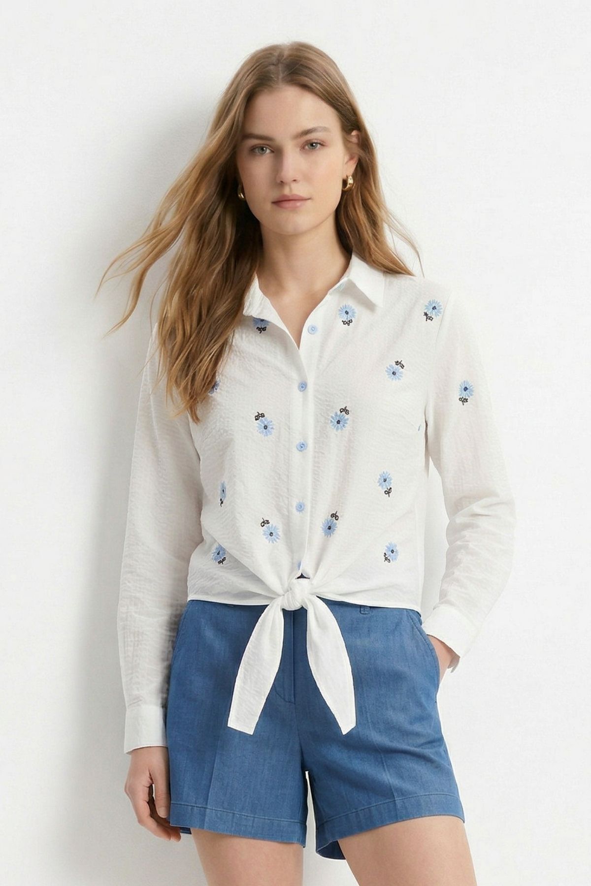 Mavi Çiçekli Bel Bağlamalı Gömlek 8399 - 3