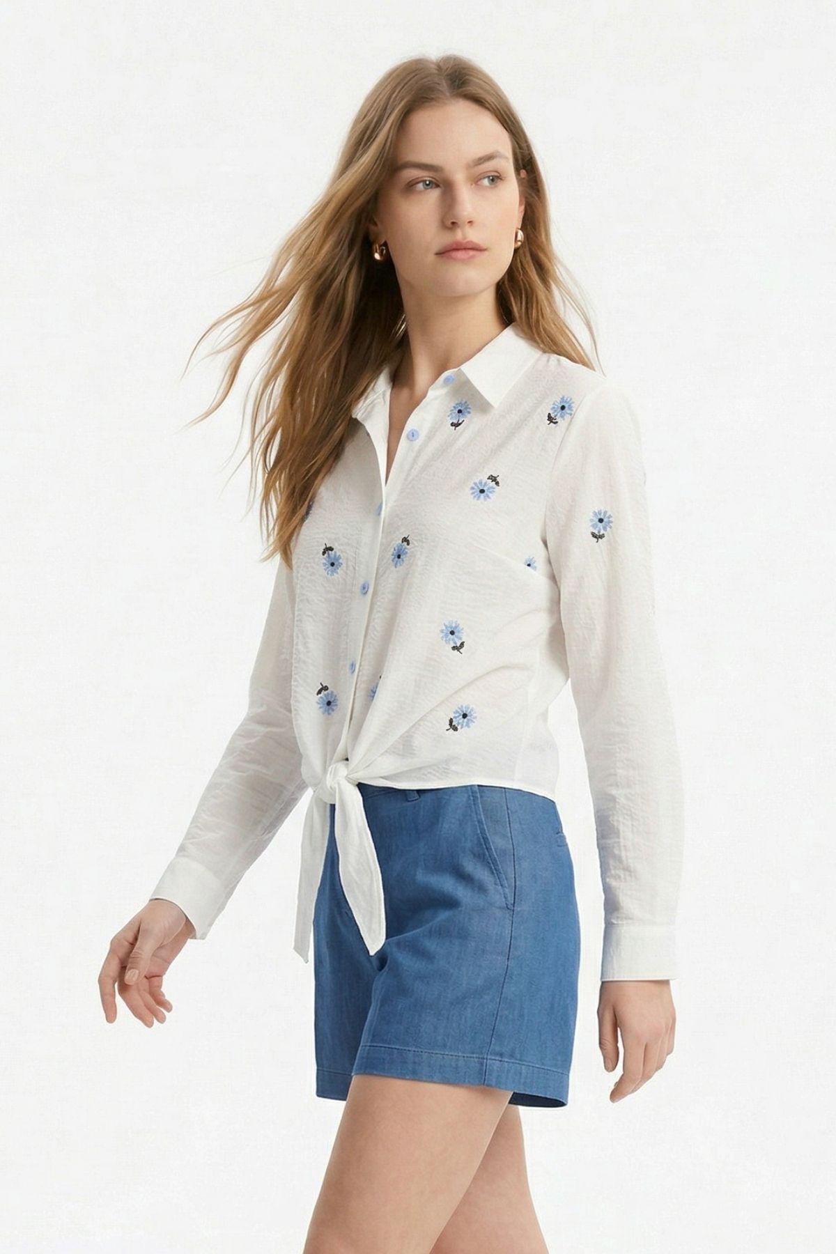 Mavi Çiçekli Bel Bağlamalı Gömlek 8399 - RAYS