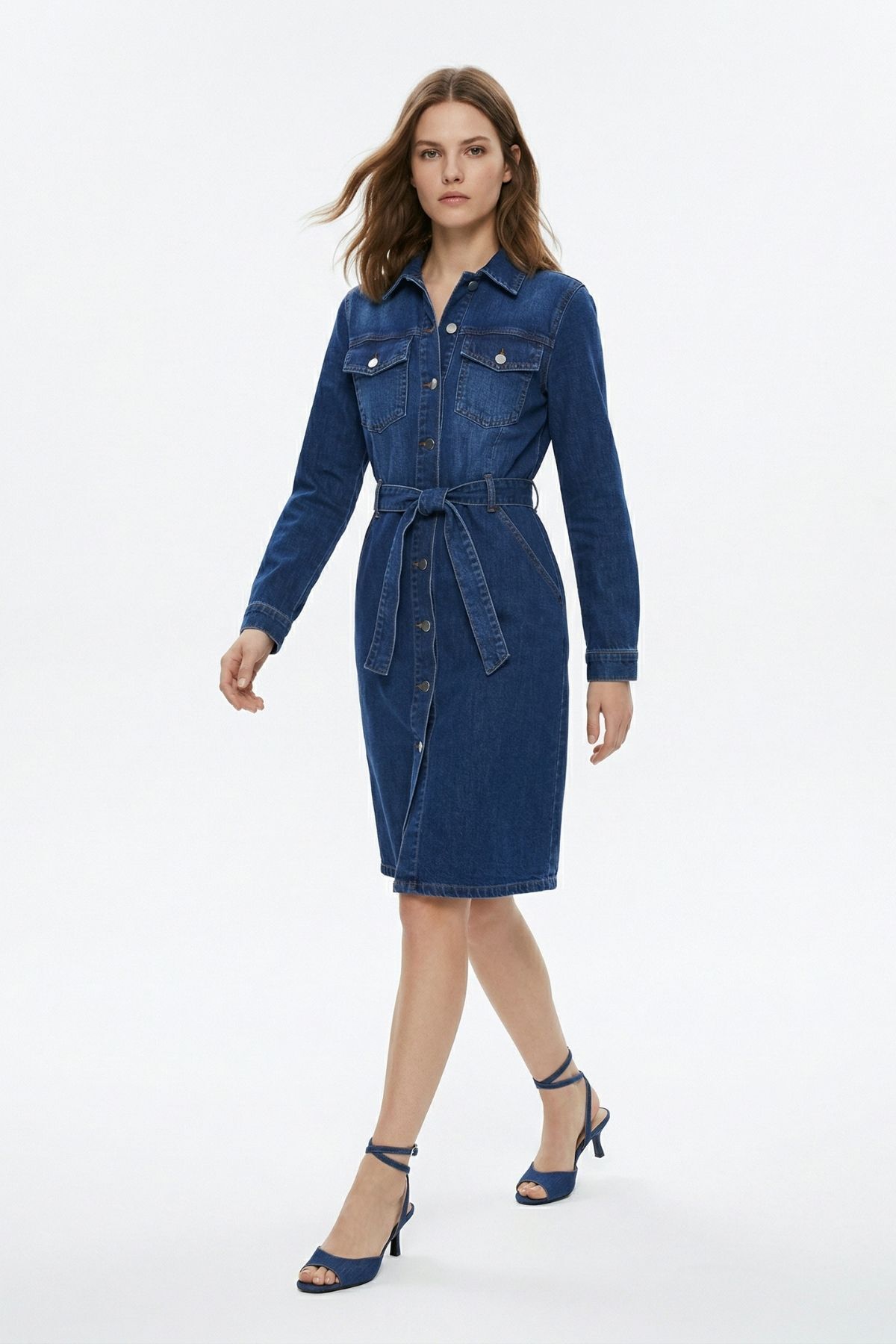 Mavi Çift Cepli Çıtçıtlı Kuşaklı Elbise 212 