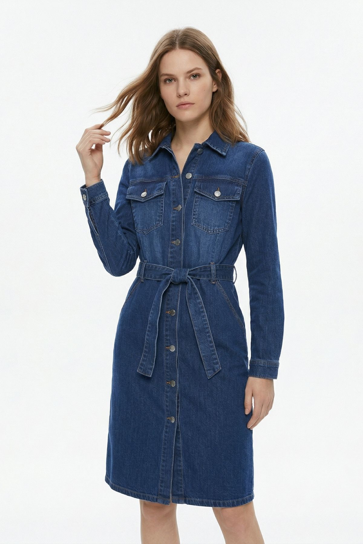 Mavi Çift Cepli Çıtçıtlı Kuşaklı Elbise 212 - 2