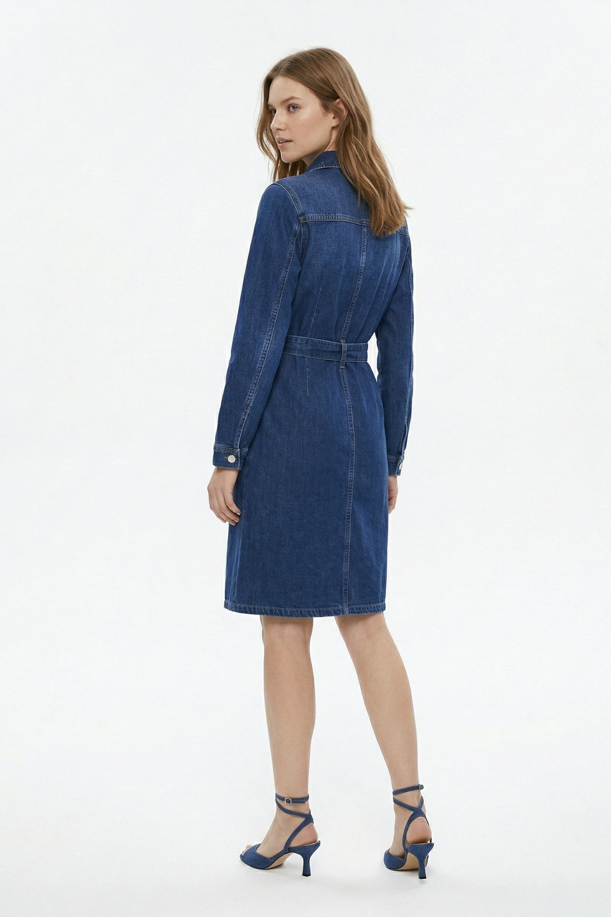 Mavi Çift Cepli Çıtçıtlı Kuşaklı Elbise 212 - 3
