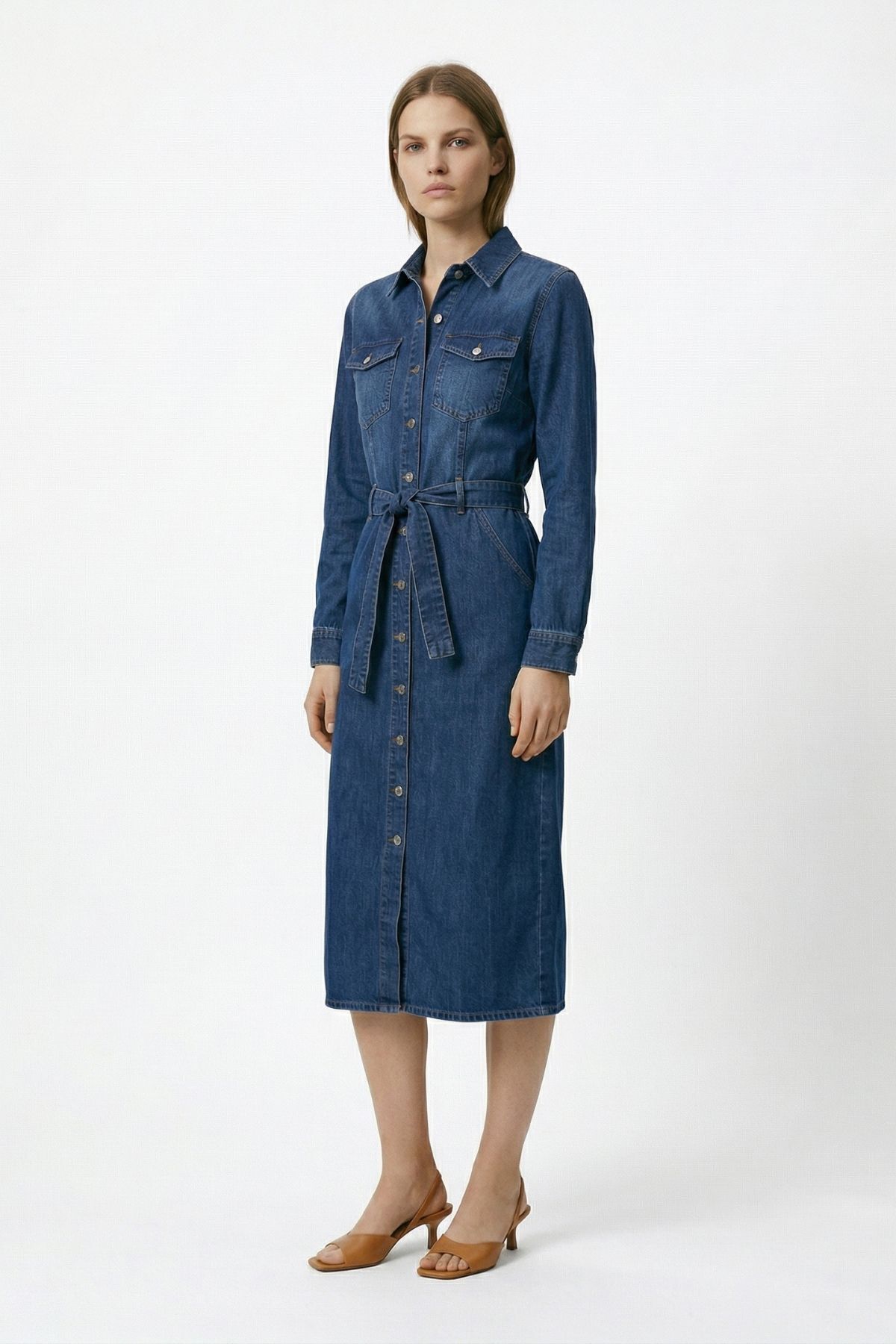 Mavi Çift Cepli Düğmeli Kuşaklı Elbise 221 - 1