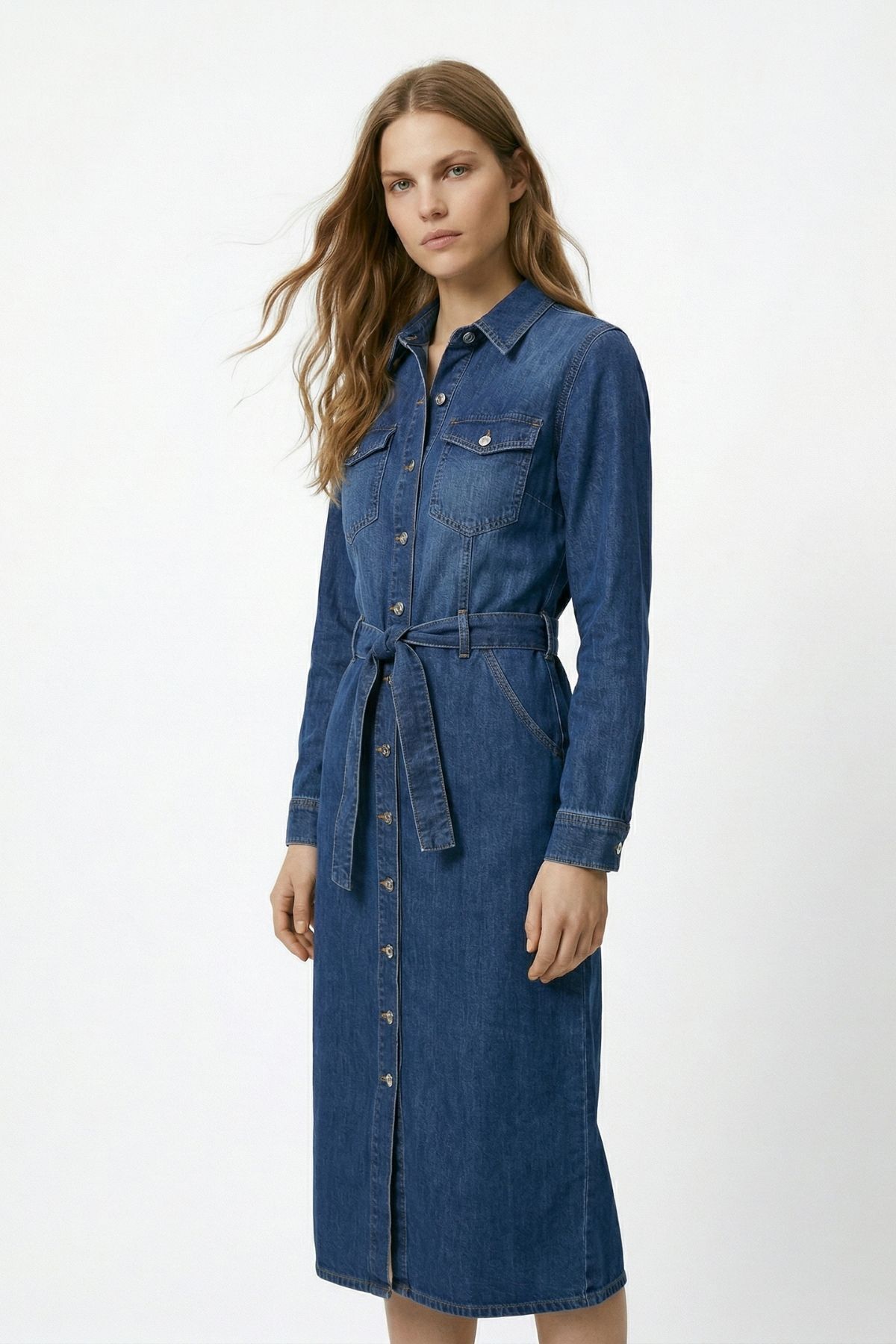 Mavi Çift Cepli Düğmeli Kuşaklı Elbise 221 - 2