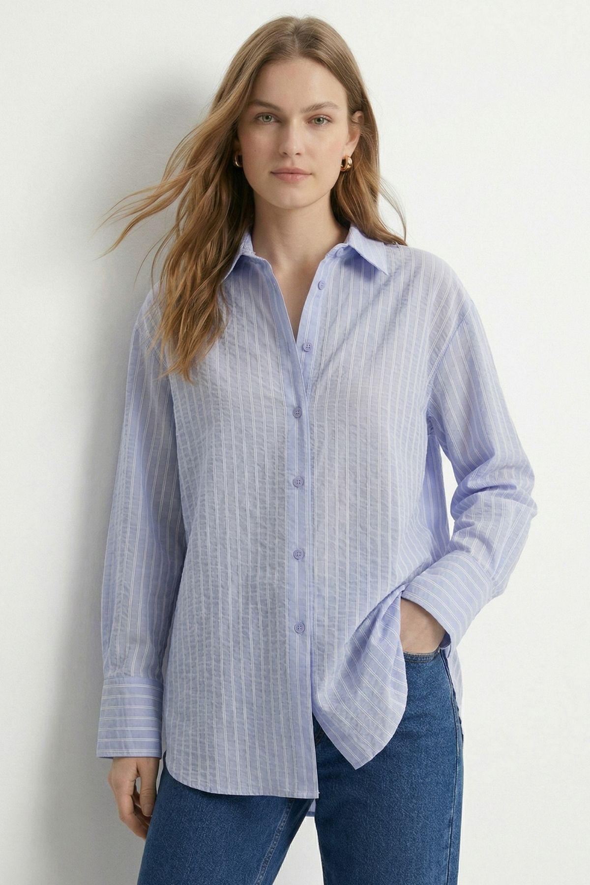 Mavi Çizgili Oversize Gömlek 5460 - 2