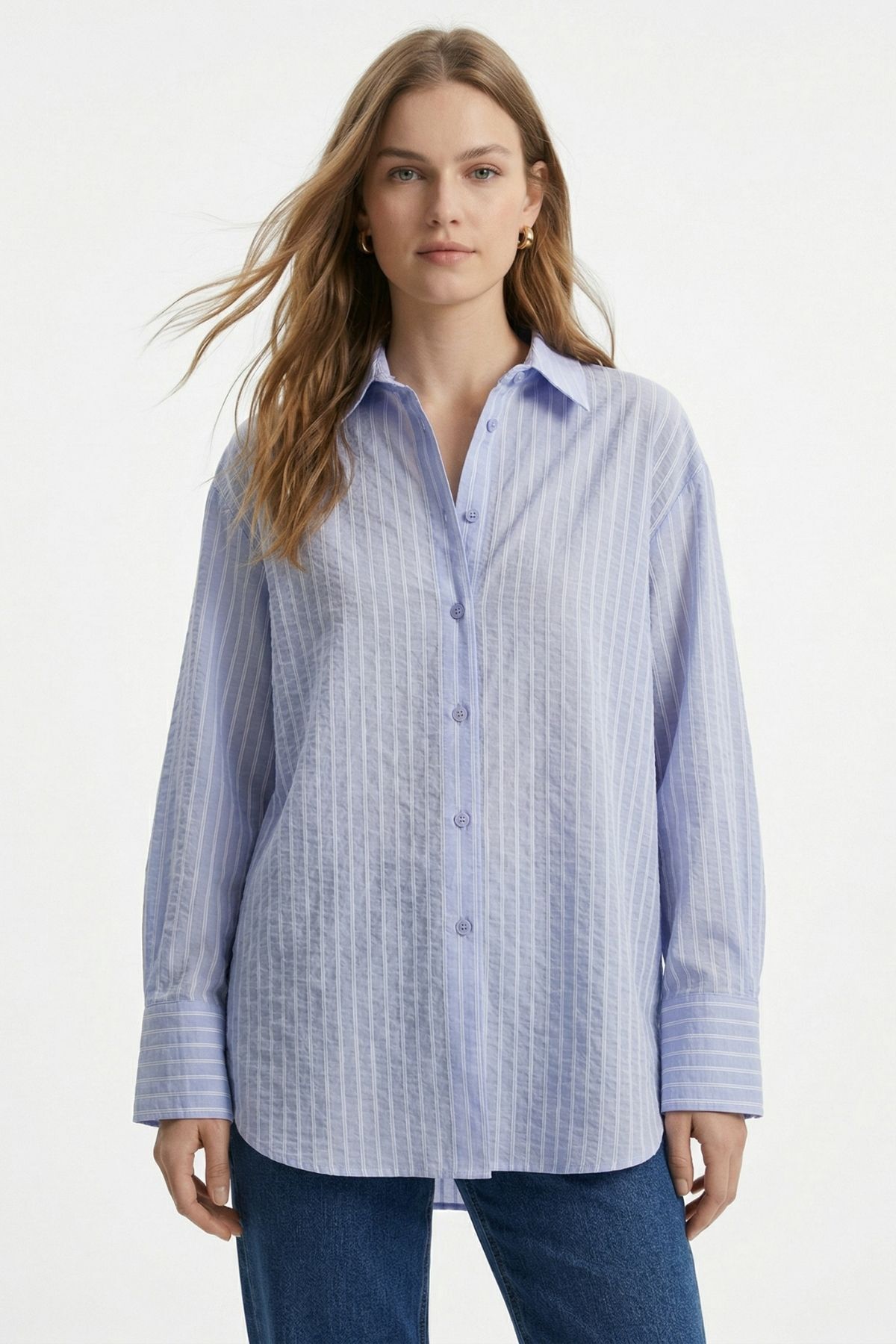 Mavi Çizgili Oversize Gömlek 5460 - 3