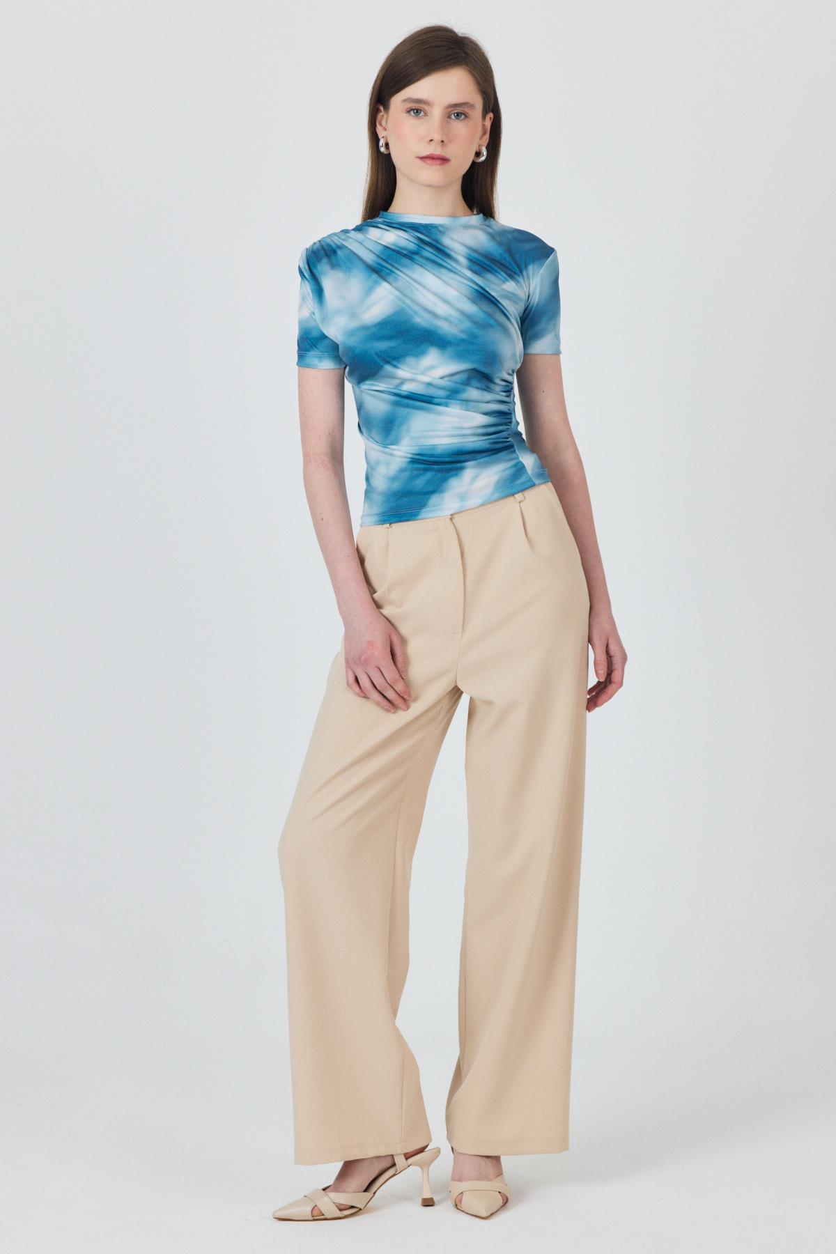 Mavi Desenli Büzgülü Sandy Bluz 12303 - RAYS