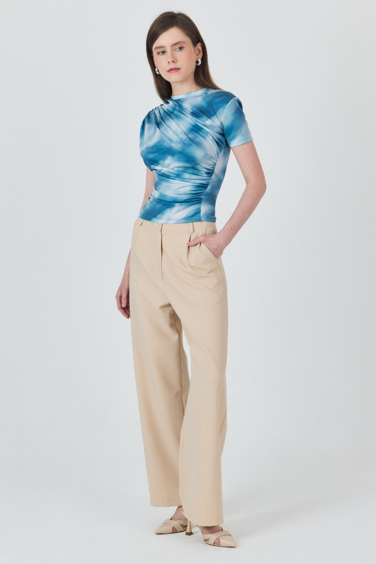 Mavi Desenli Büzgülü Sandy Bluz 12303 - 7