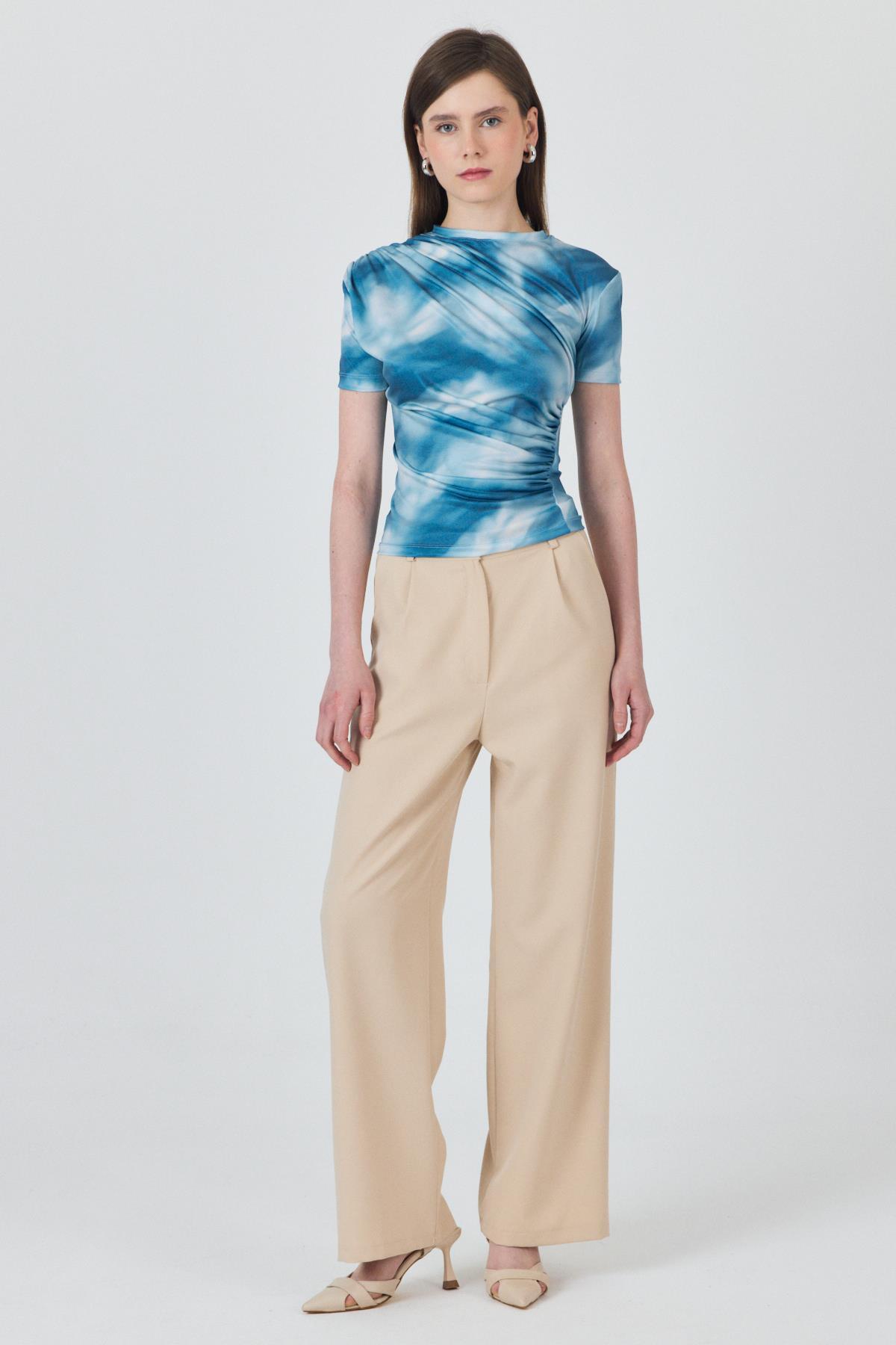 Mavi Desenli Büzgülü Sandy Bluz 12303 - 6