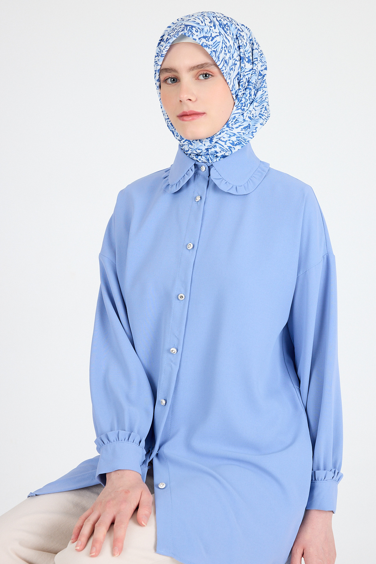 Mavi Ebru Desenli Eşarp 3012 - 2