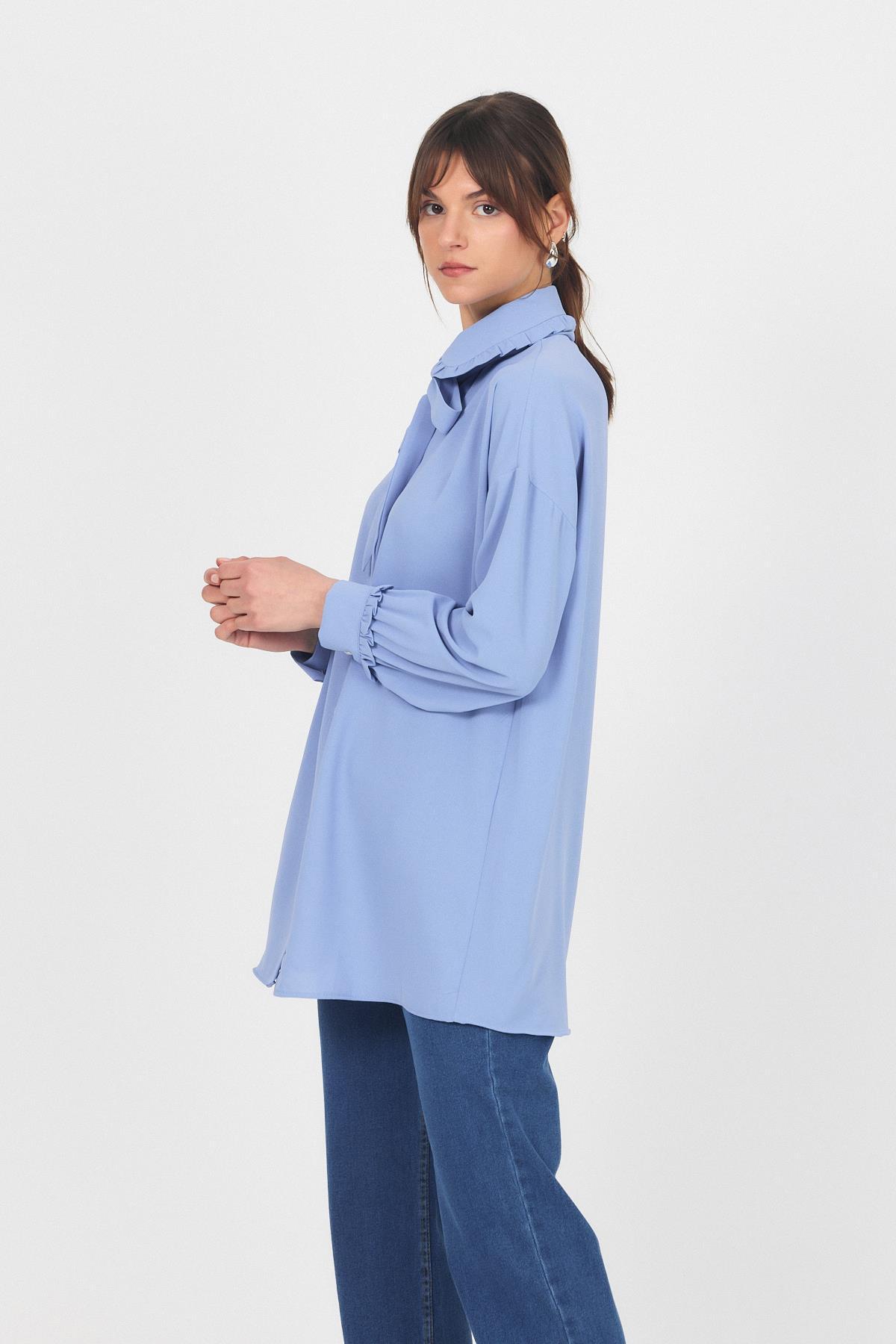 Mavi Fırfır Yaka Detaylı Bağlamalı Tunik 4586A - 7