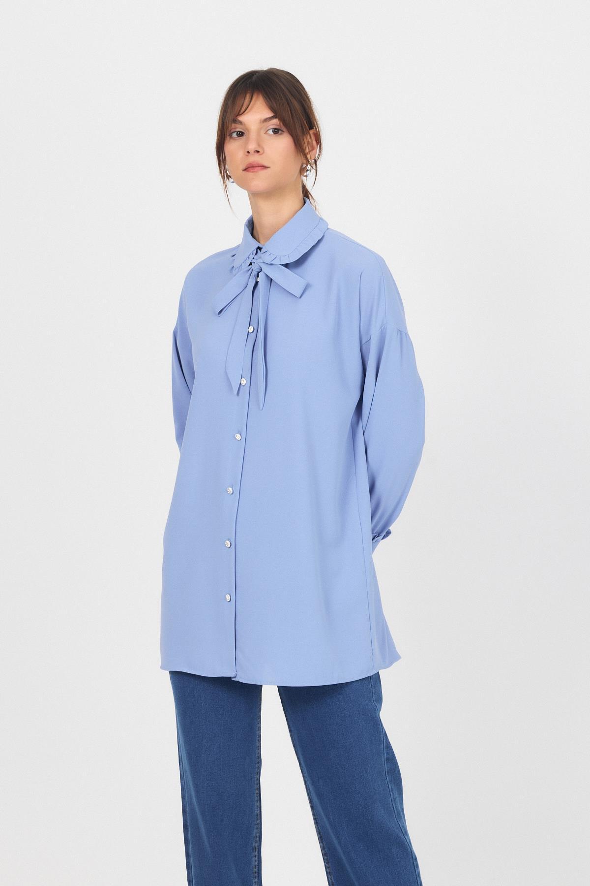 Mavi Fırfır Yaka Detaylı Bağlamalı Tunik 4586A 
