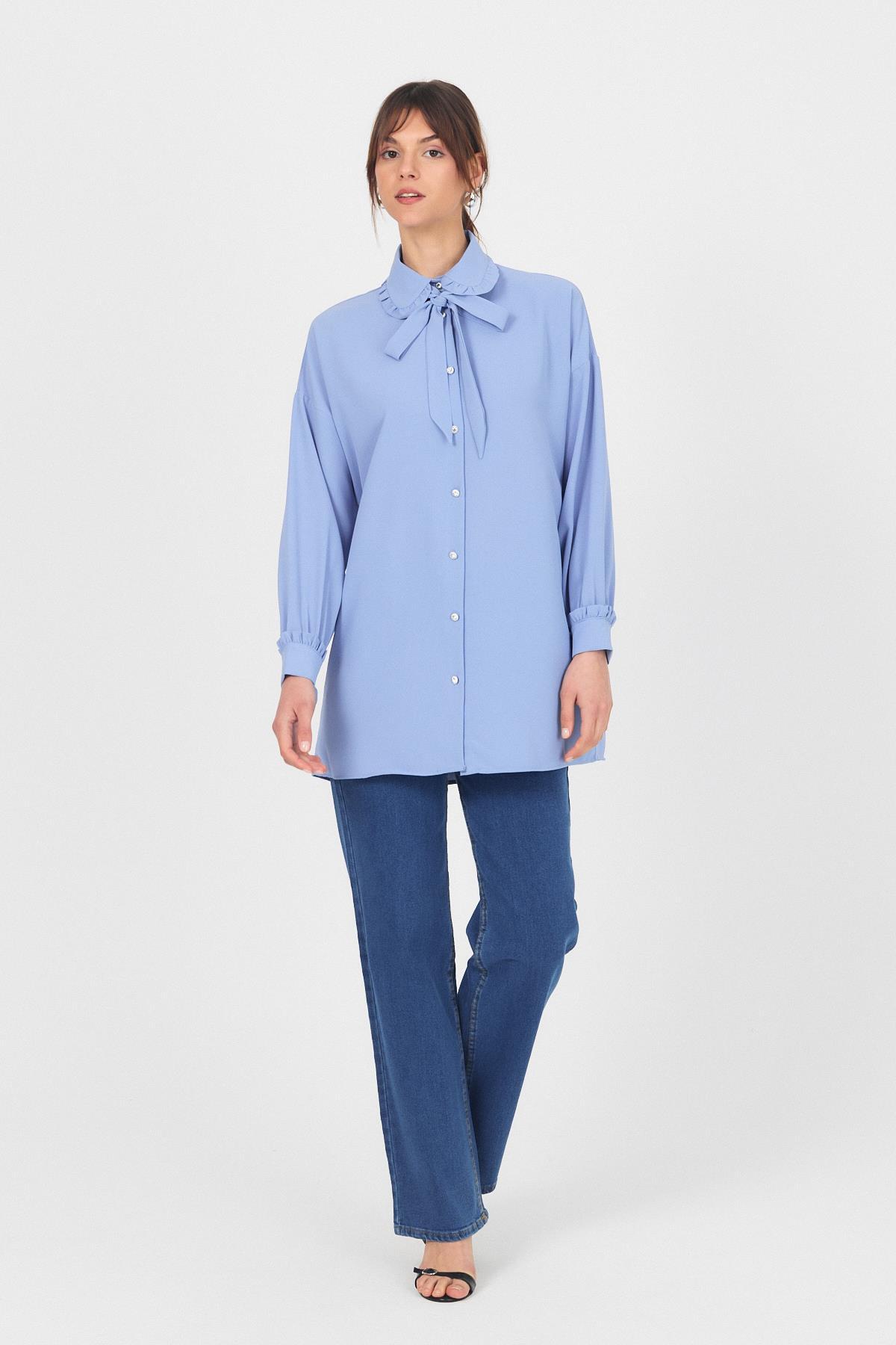 Mavi Fırfır Yaka Detaylı Bağlamalı Tunik 4586A - 2
