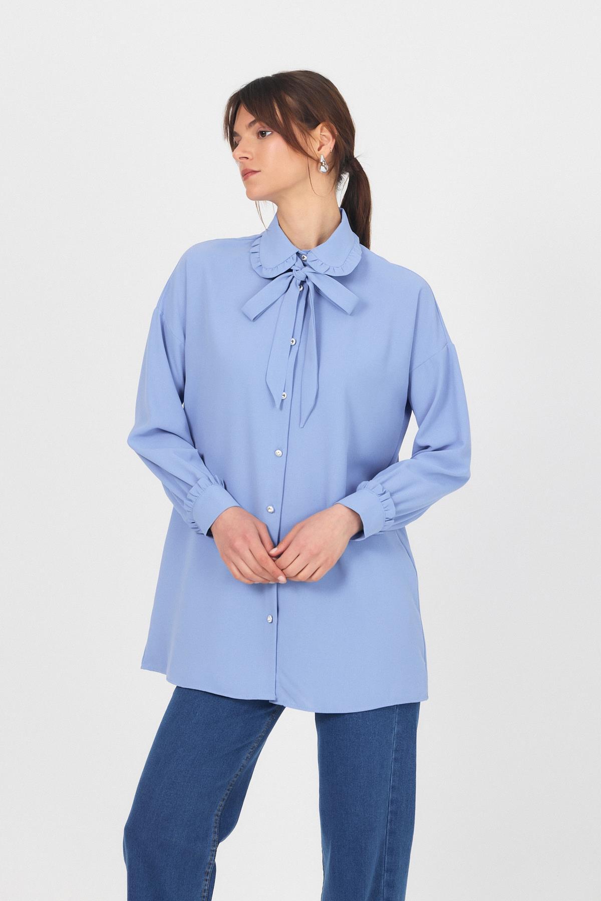 Mavi Fırfır Yaka Detaylı Bağlamalı Tunik 4586A - 3