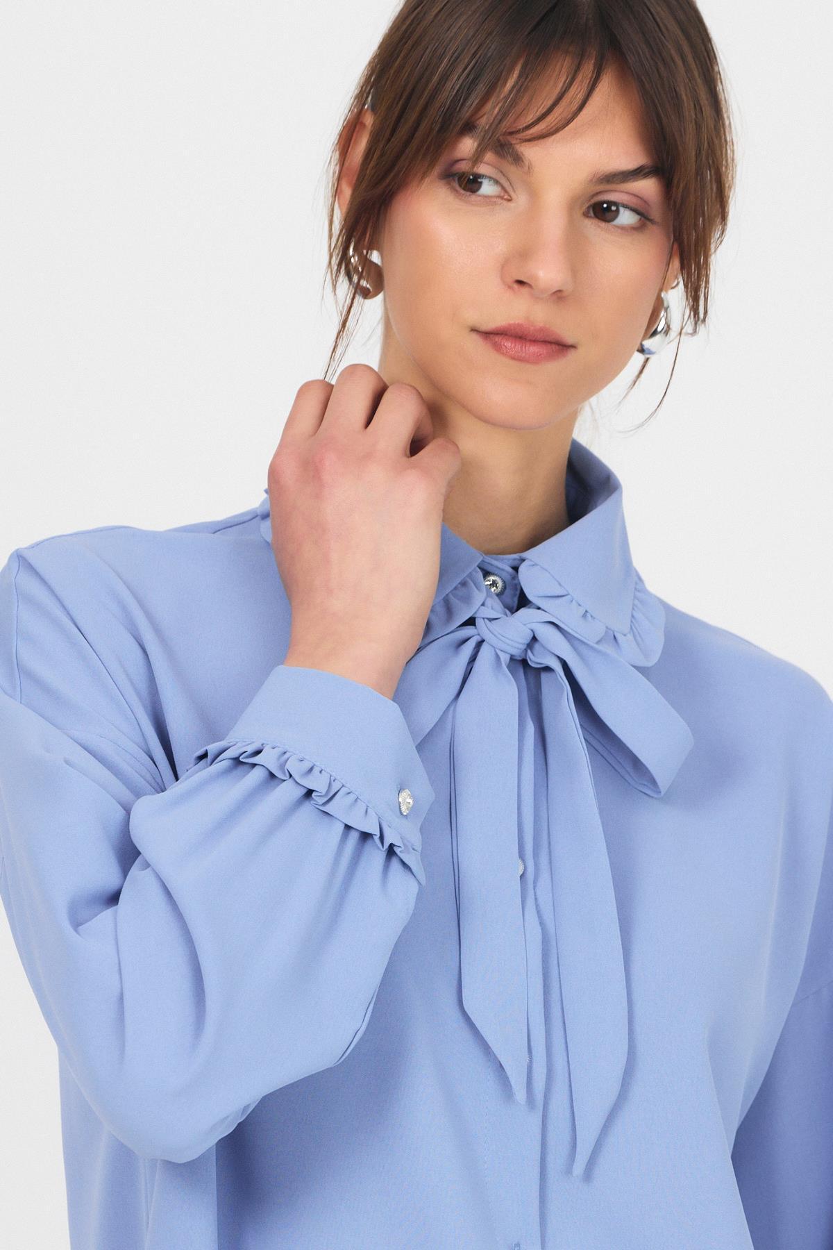 Mavi Fırfır Yaka Detaylı Bağlamalı Tunik 4586A - 6