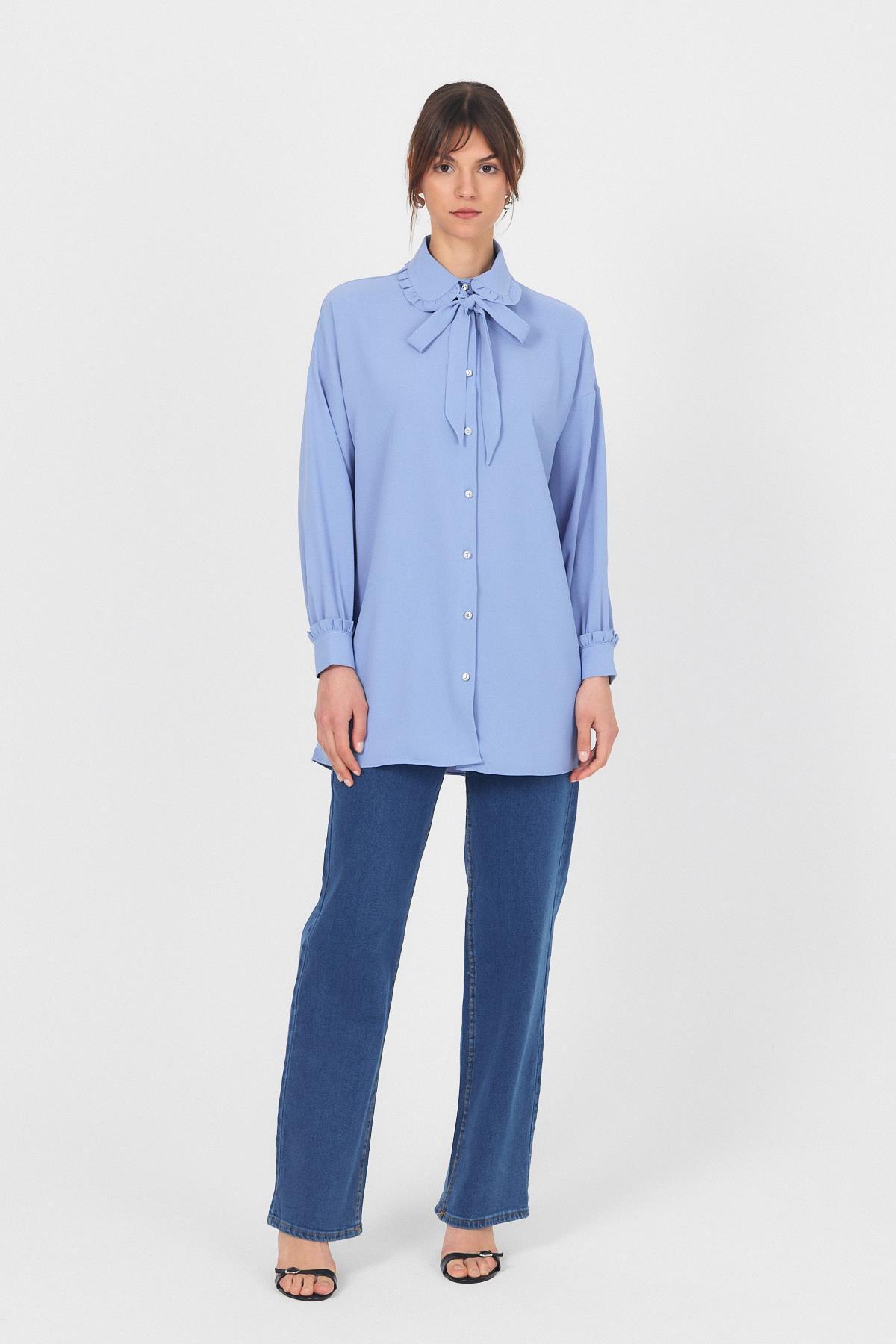 Mavi Fırfır Yaka Detaylı Bağlamalı Tunik 4586A - 8