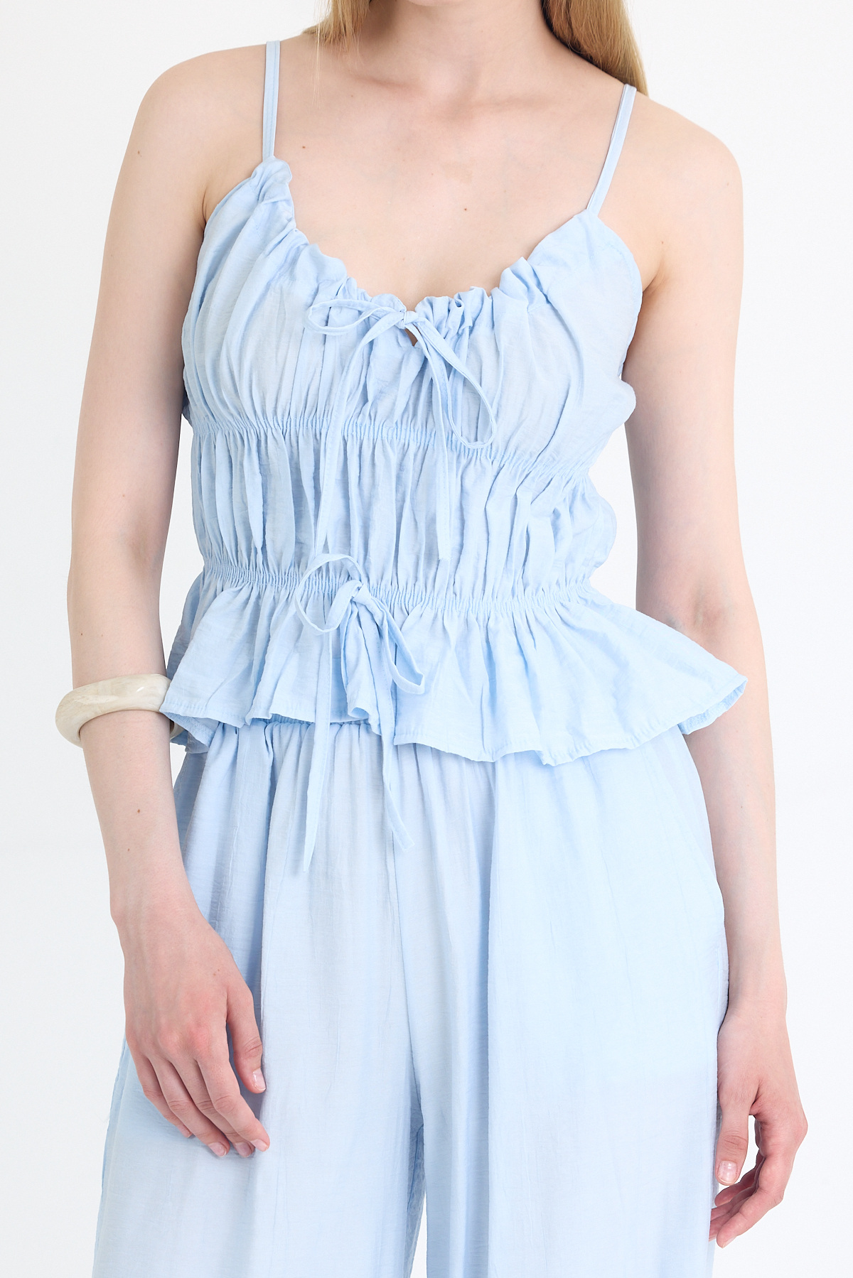 Mavi Fırfırlı Askılı Bluz ve Geniş Paça Pantolon Takımı 5216 - 4