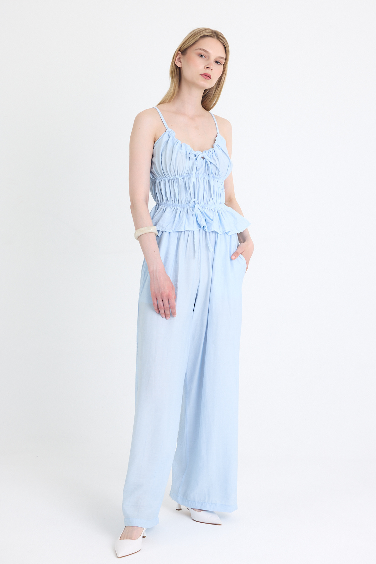 Mavi Fırfırlı Askılı Bluz ve Geniş Paça Pantolon Takımı 5216 - 6