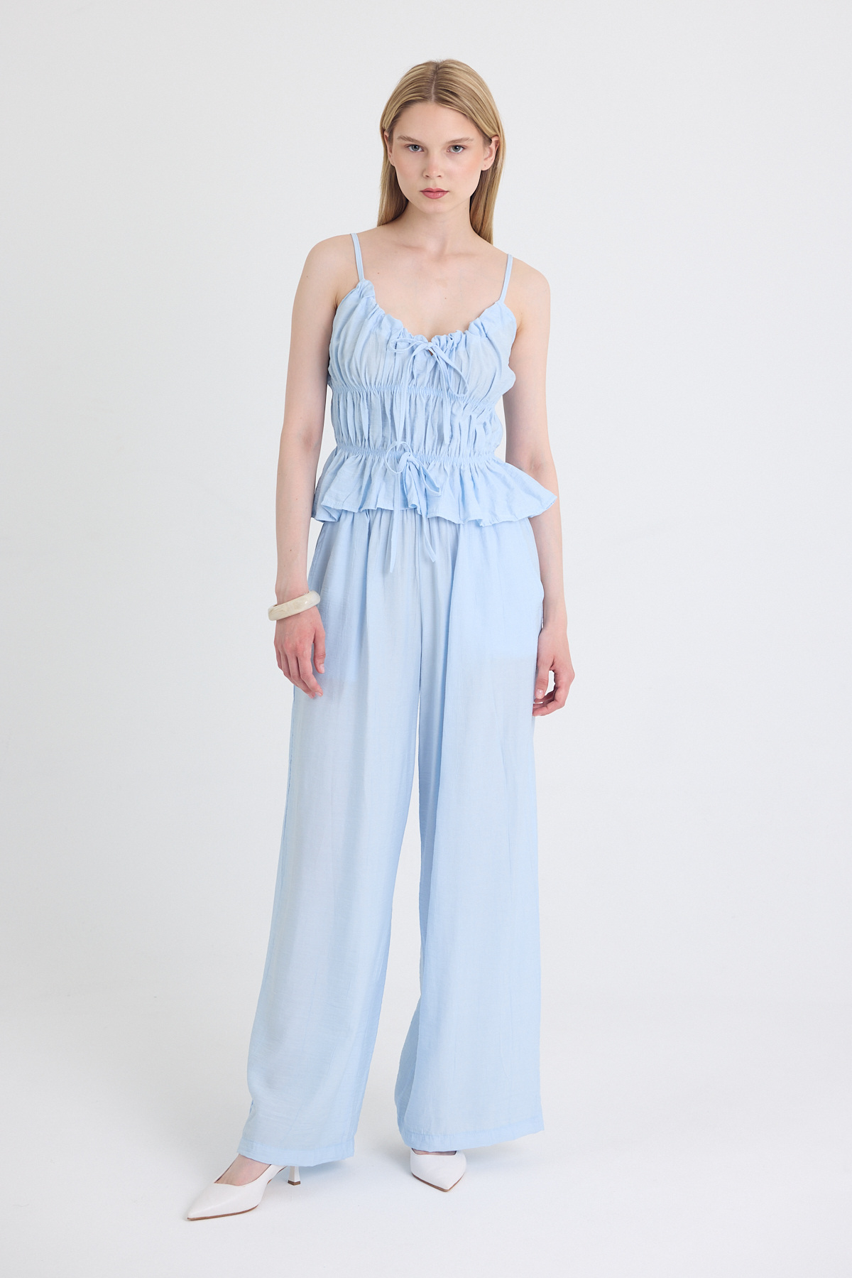 Mavi Fırfırlı Askılı Bluz ve Geniş Paça Pantolon Takımı 5216 - 1