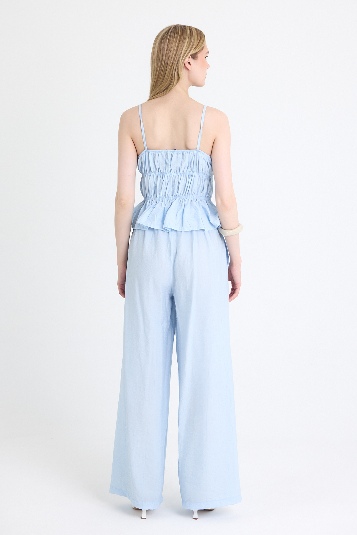 Mavi Fırfırlı Askılı Bluz ve Geniş Paça Pantolon Takımı 5216 - 5