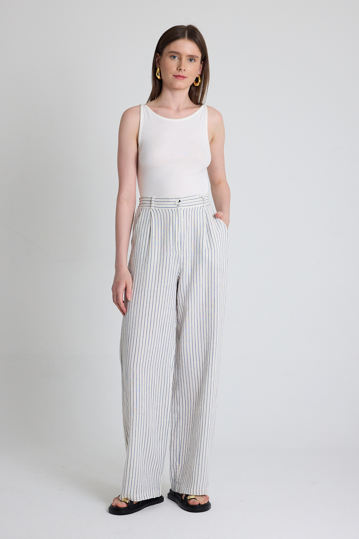 Mavi Geniş Paça Çizgili Pantolon 2334 