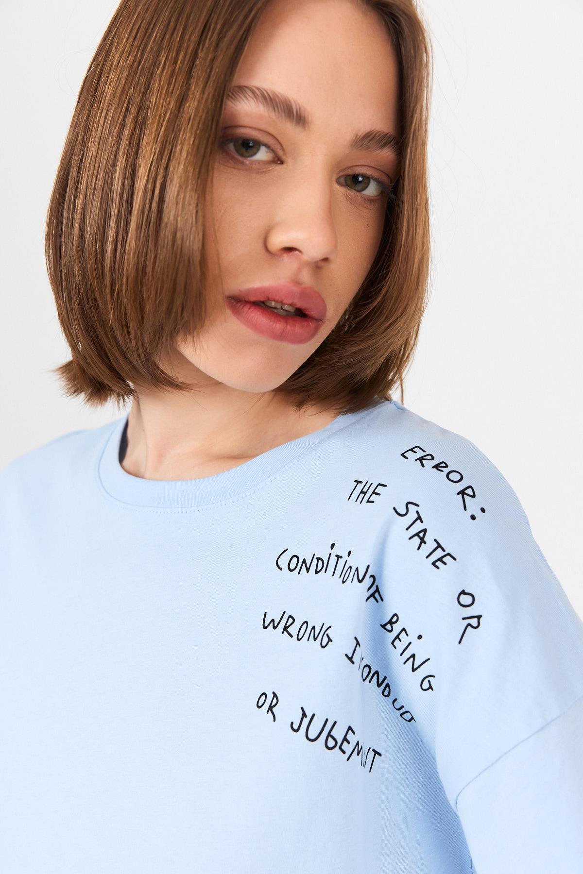 Mavi Göğüs Yazı Baskılı Pamuklu Oversize Tişört 2150-31M - 7