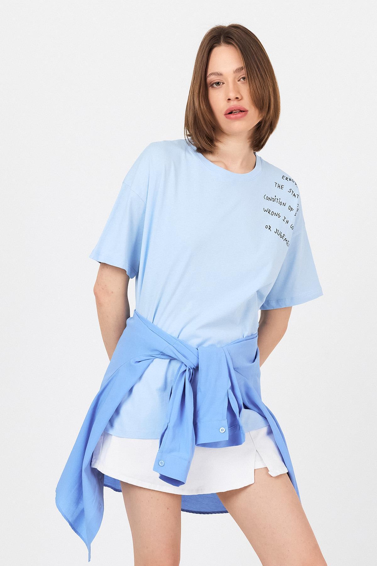 Mavi Göğüs Yazı Baskılı Pamuklu Oversize Tişört 2150-31M 