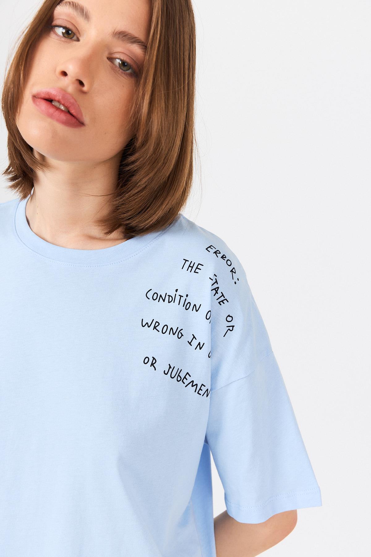 Mavi Göğüs Yazı Baskılı Pamuklu Oversize Tişört 2150-31M - 4