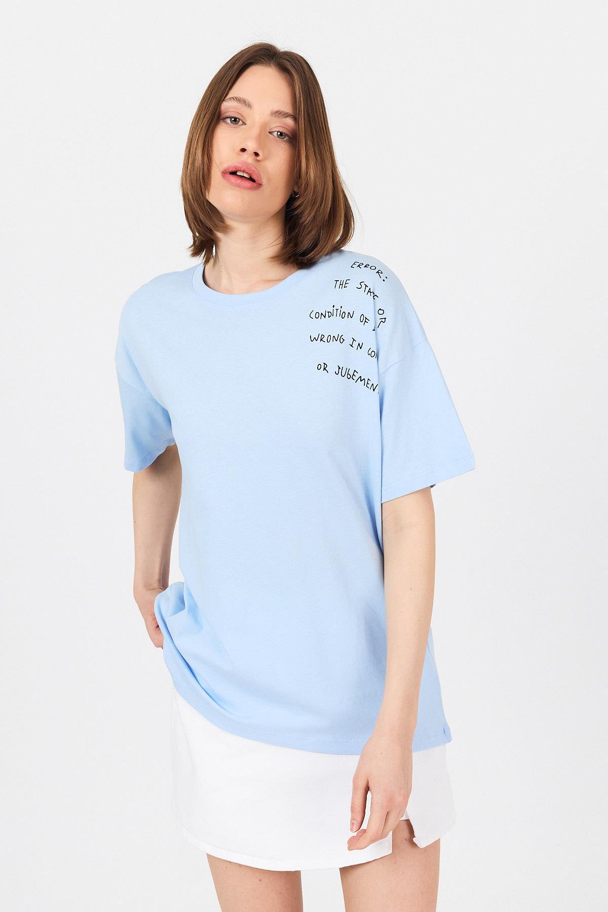 Mavi Göğüs Yazı Baskılı Pamuklu Oversize Tişört 2150-31M - 5