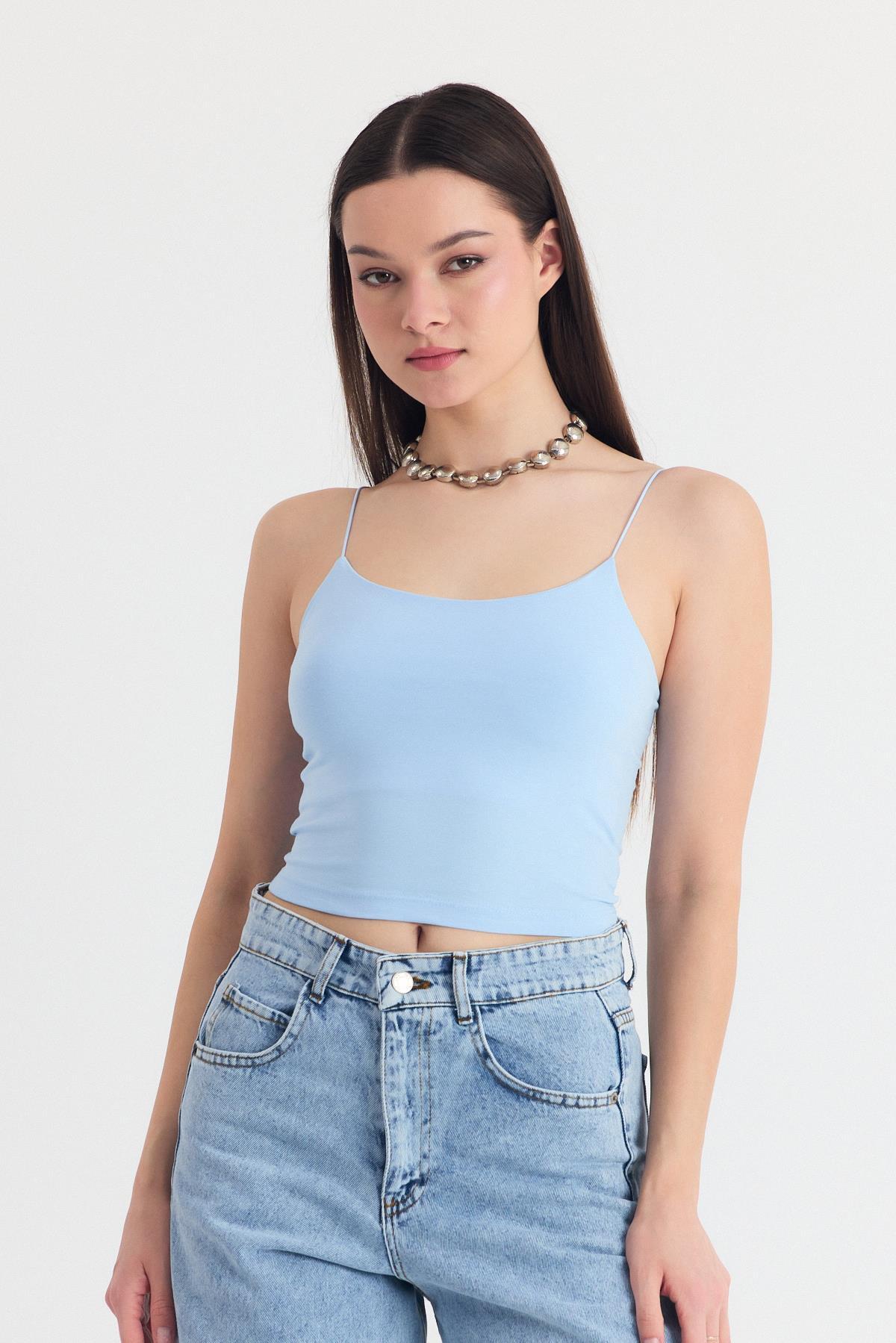 Mavi İnce Askılı Fitted Basic Atlet 947 