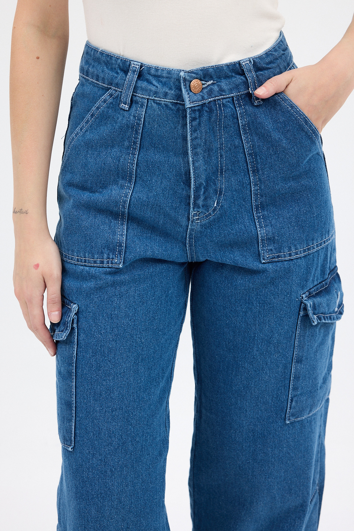 Mavi Kadın Paça Düğmeli Yüksek Bel Jean Kargo Pantolon 1055 - RAYS