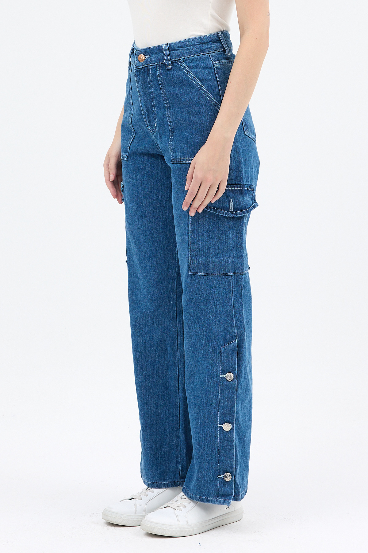 Mavi Kadın Paça Düğmeli Yüksek Bel Jean Kargo Pantolon 1055 - RAYS