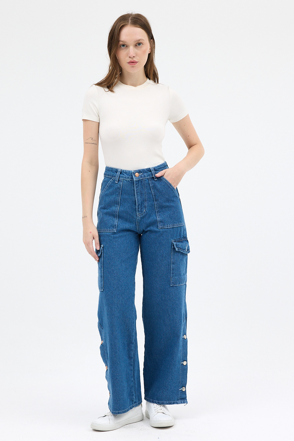 Mavi Kadın Paça Düğmeli Yüksek Bel Jean Kargo Pantolon 1055 - 1