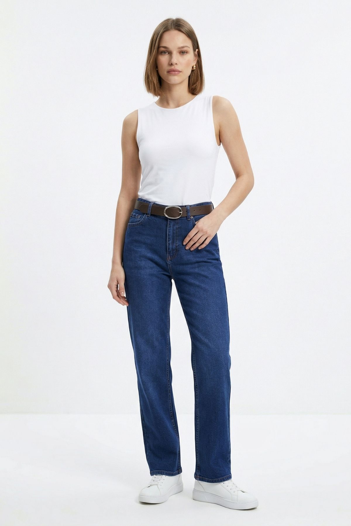 Kemerli Likralı Jean 3043 Mavi - 2